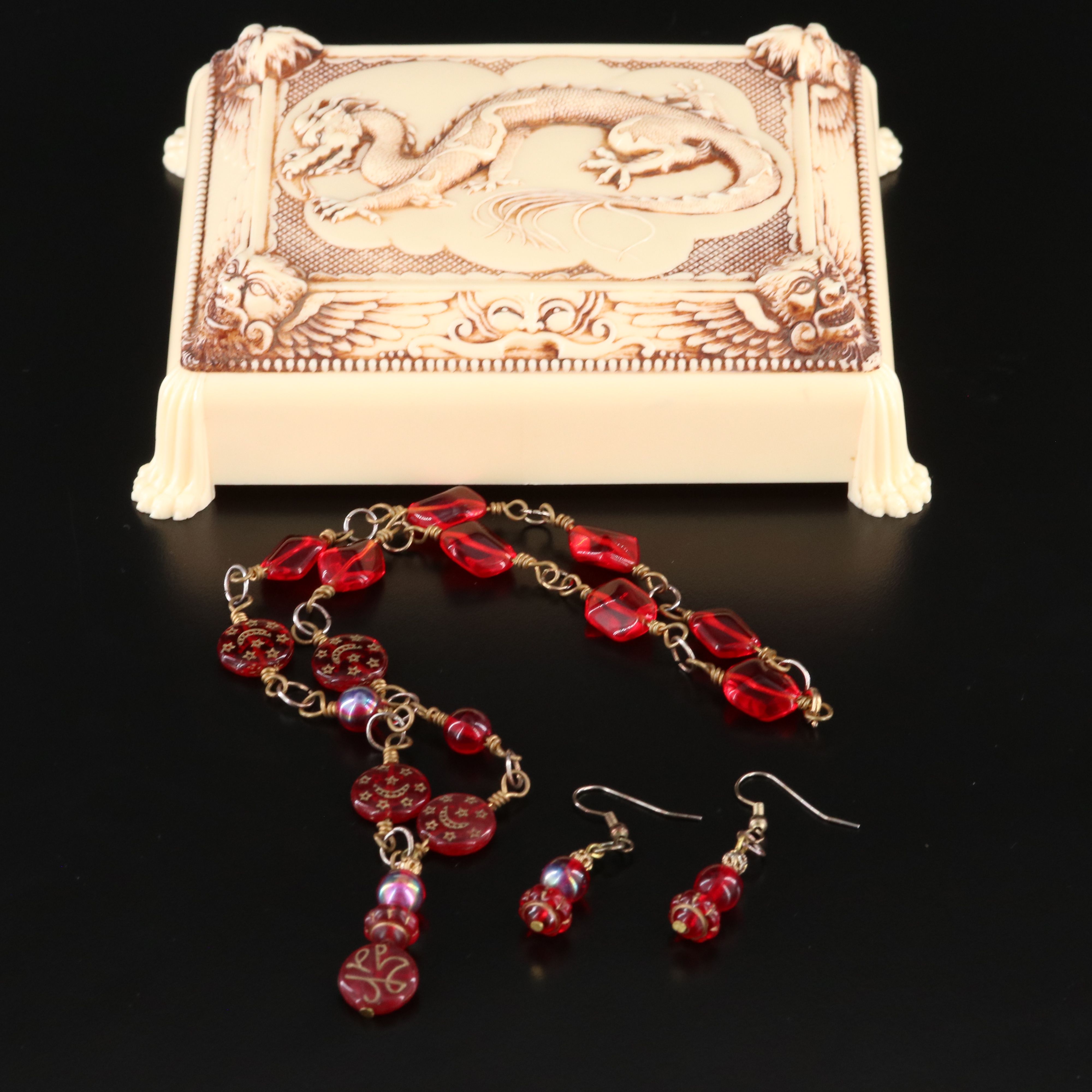 Czech Style Glass Bead Necklace and Earrings with Celluloid Dragon Box