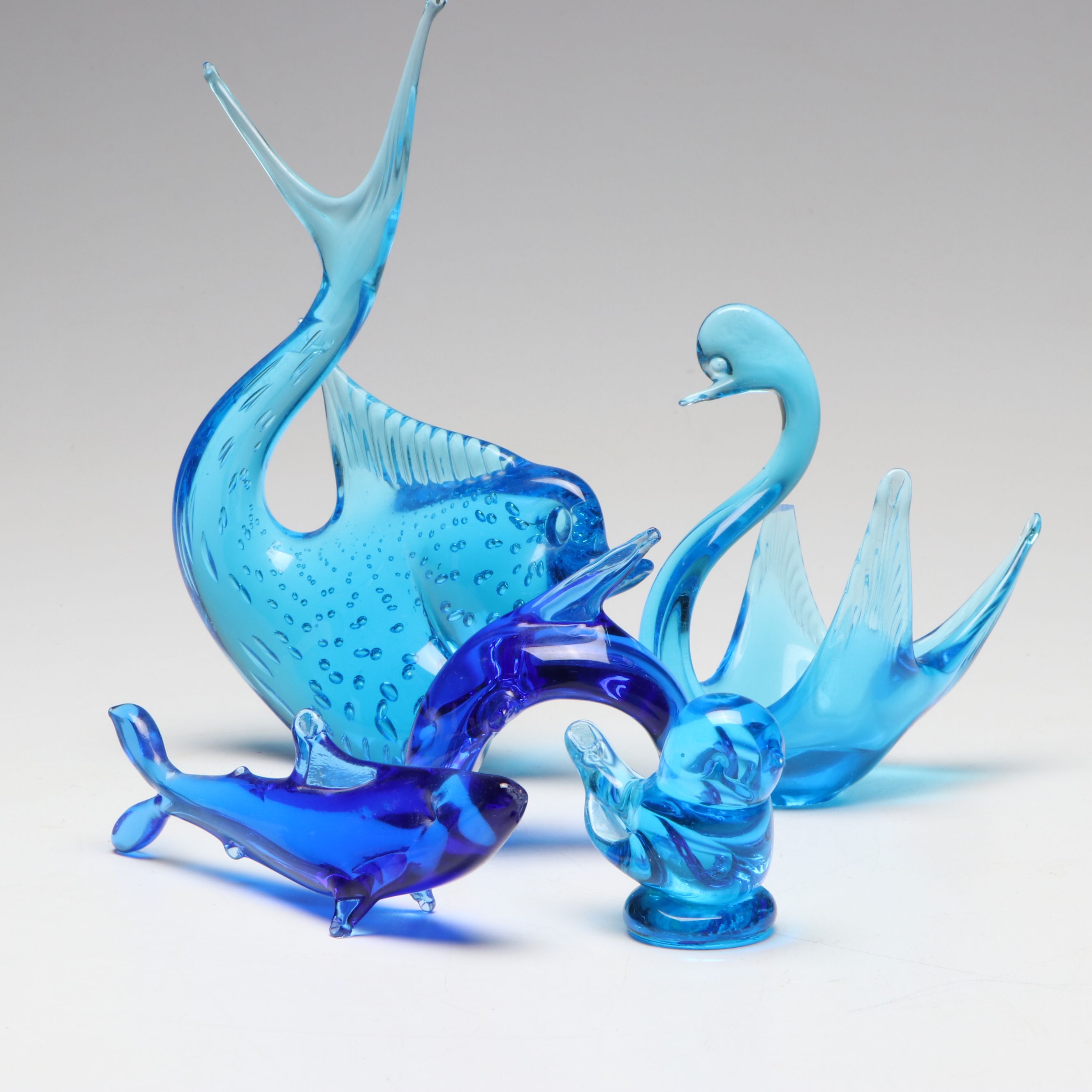 Blue Art Glass Swan Dish and Other Animal Figurines