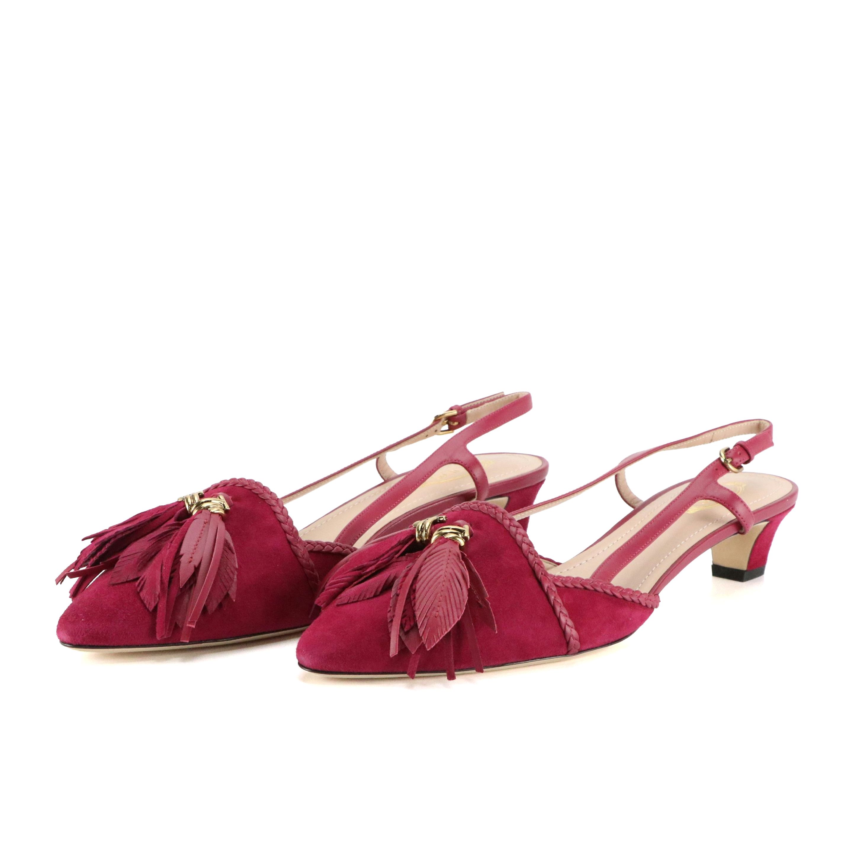 Tod's Tassel Slingback Kitten Heel Pumps in Suede/Leather with Box