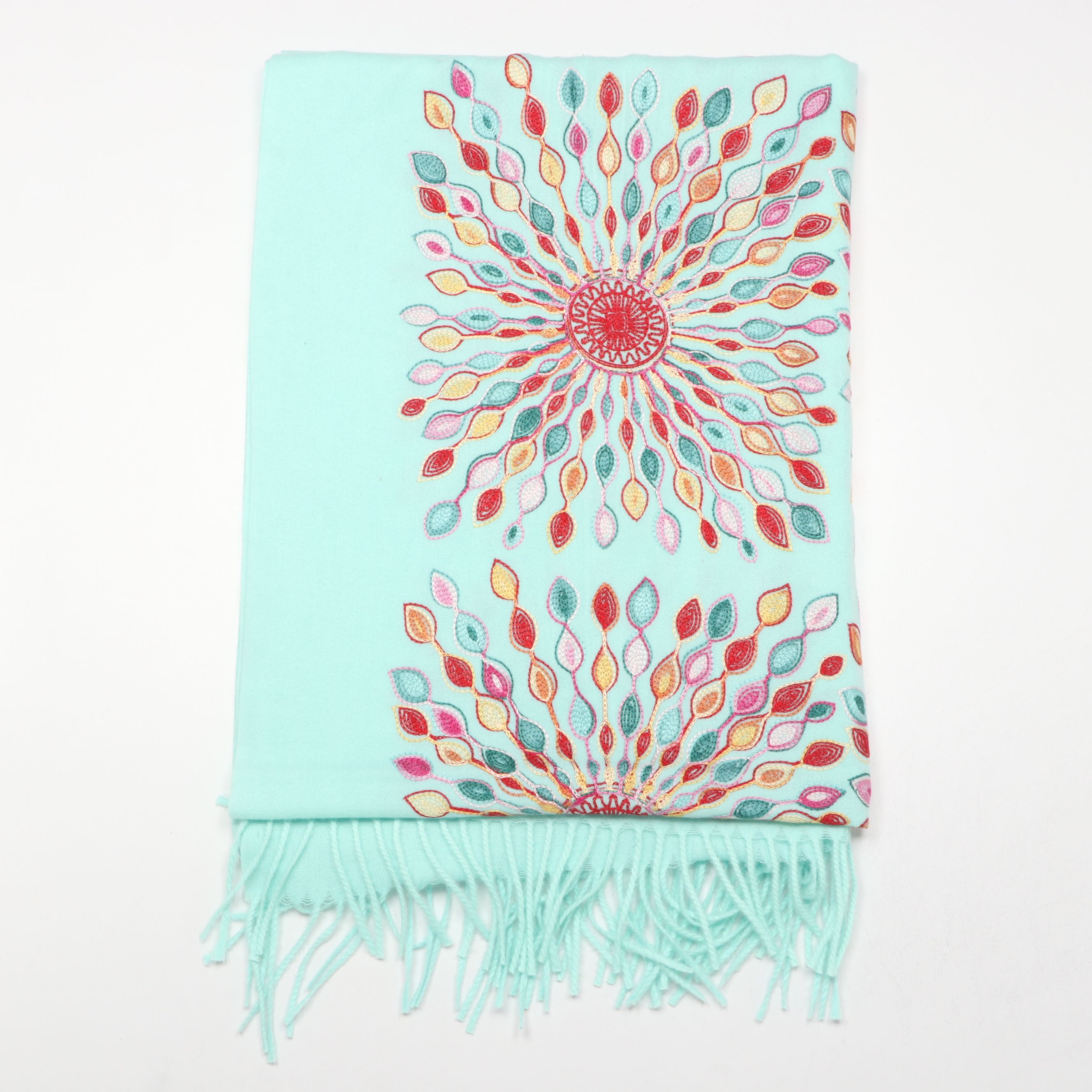 Radial Peacock Feather Cashmere Wool Fringe Scarf