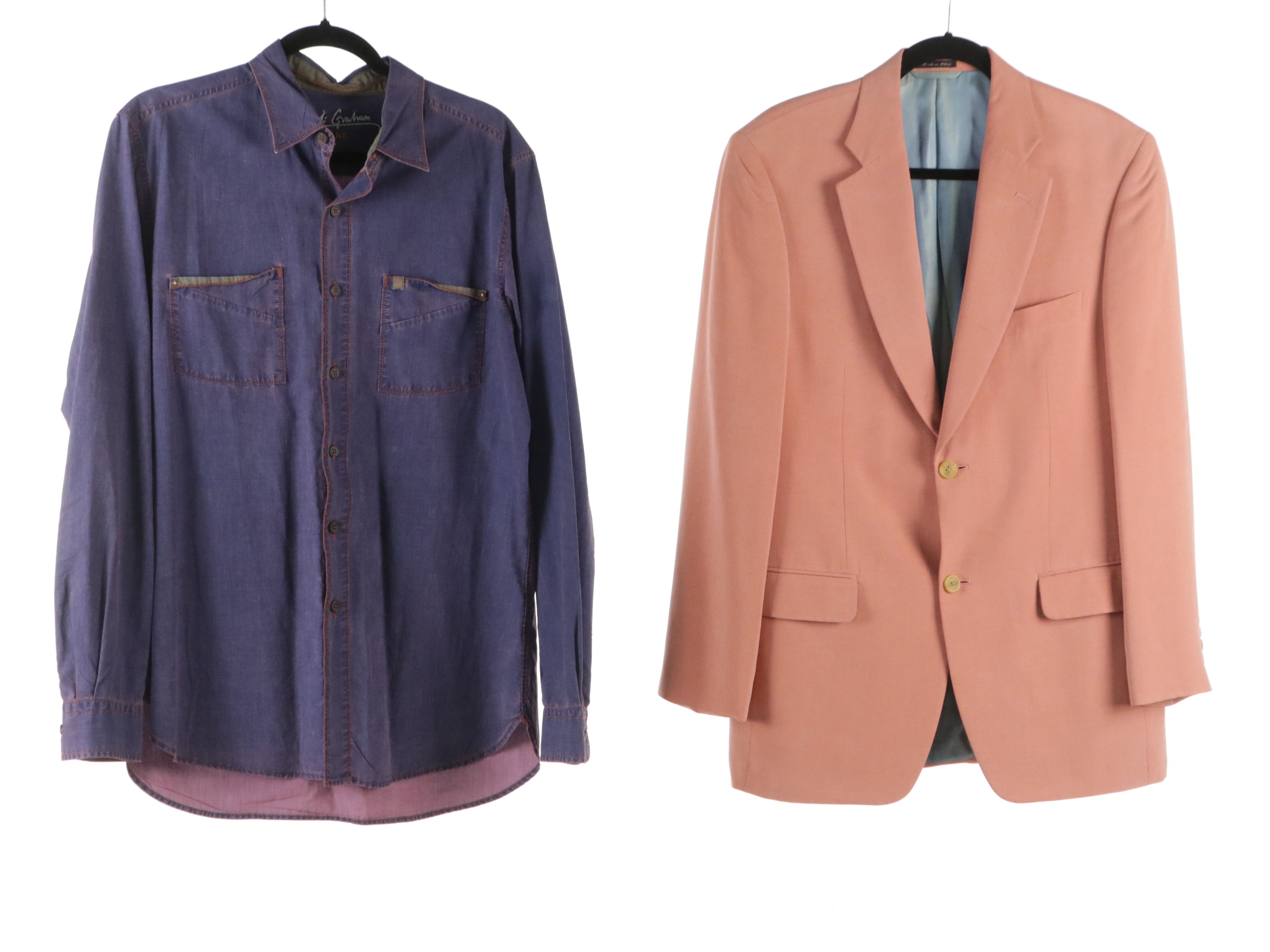 Men's Ibiza Salmon & Navy Blue Silk Sport Coats With Other Long Button Up Shirts