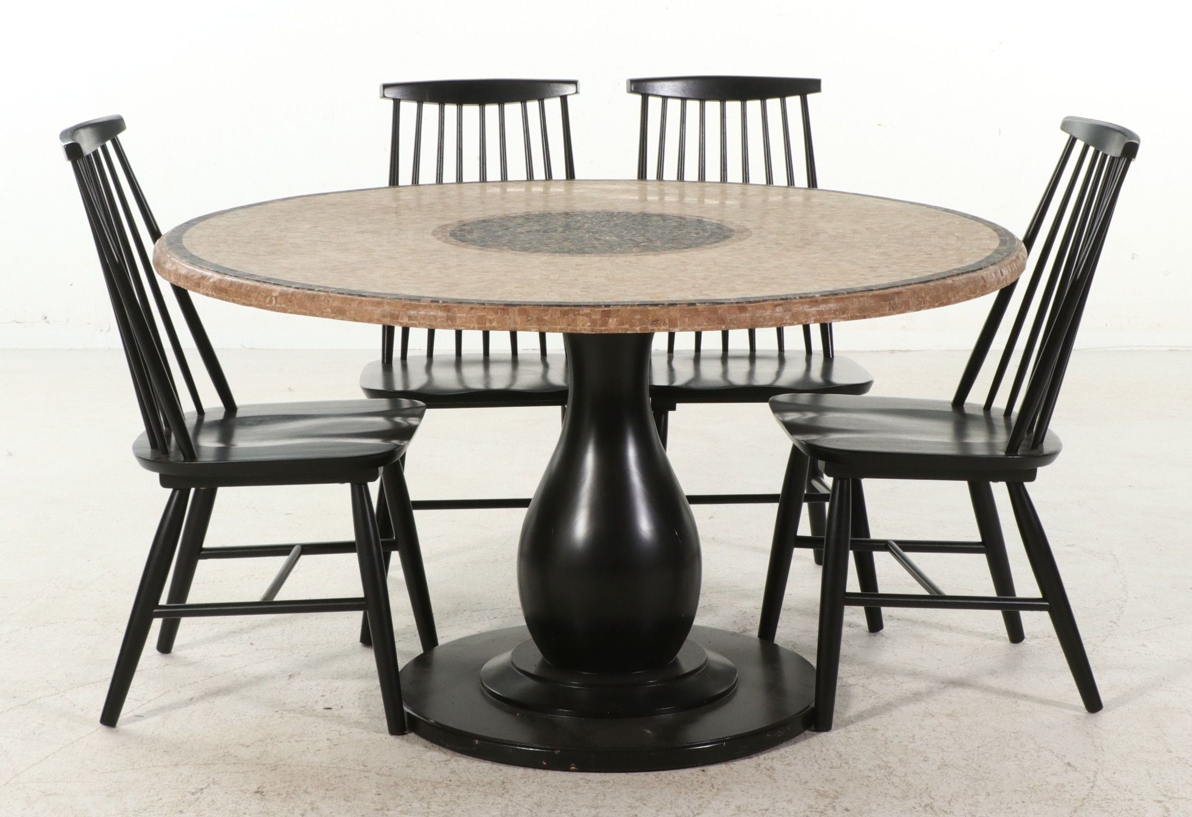 Five Piece Dining Set with Mosaic Pedestal Dining Table and Spindle-Back Chairs