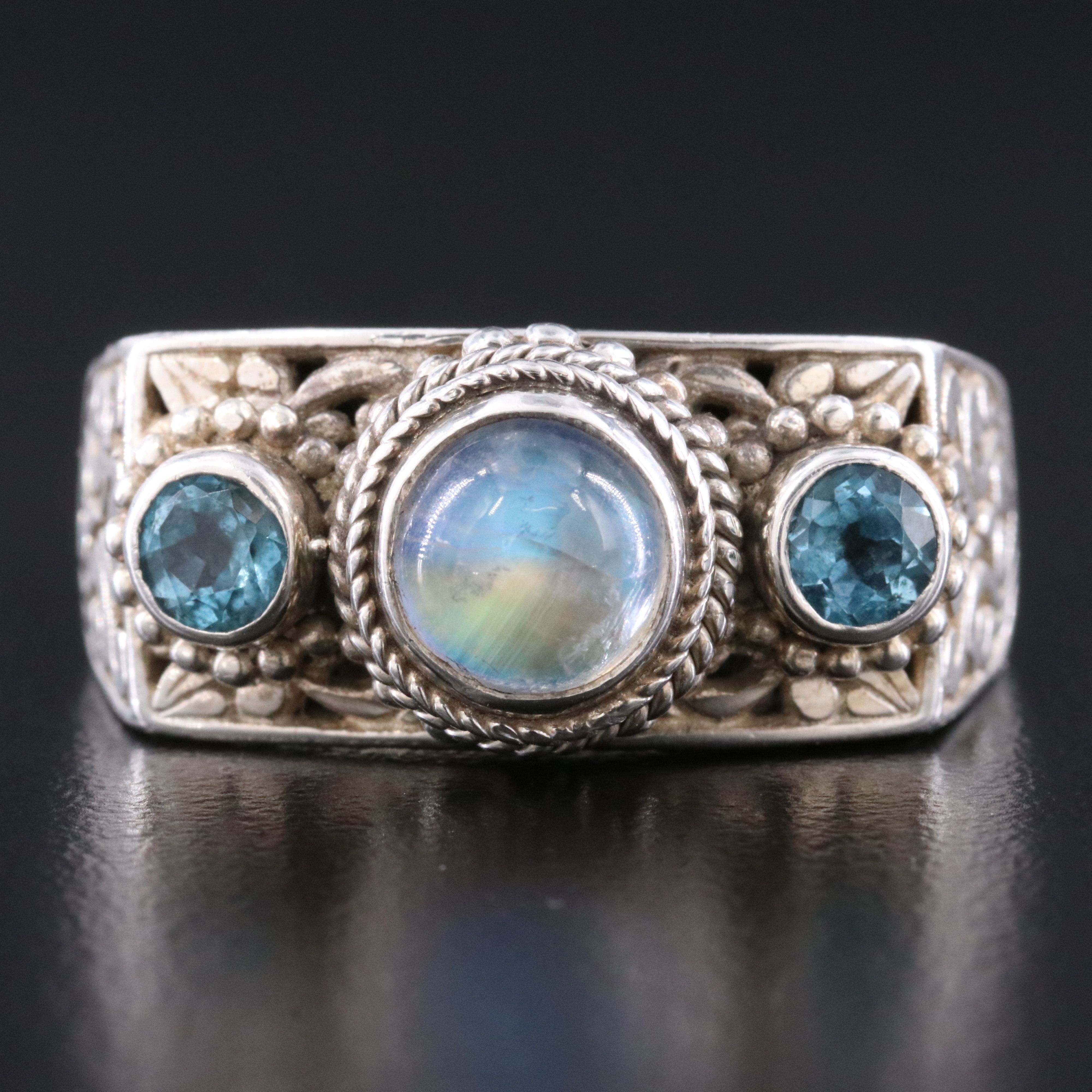Sarda Sterling Moonstone and Swiss Blue Topaz Ring
