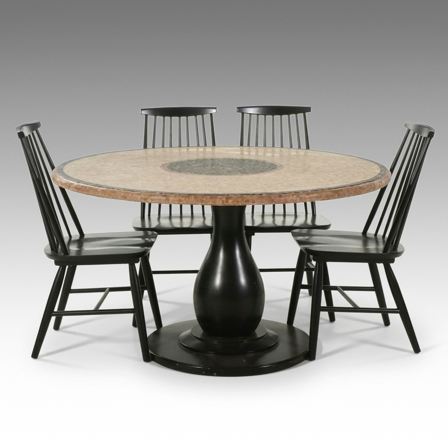 Five Piece Dining Set with Mosaic Pedestal Dining Table and Spindle-Back Chairs