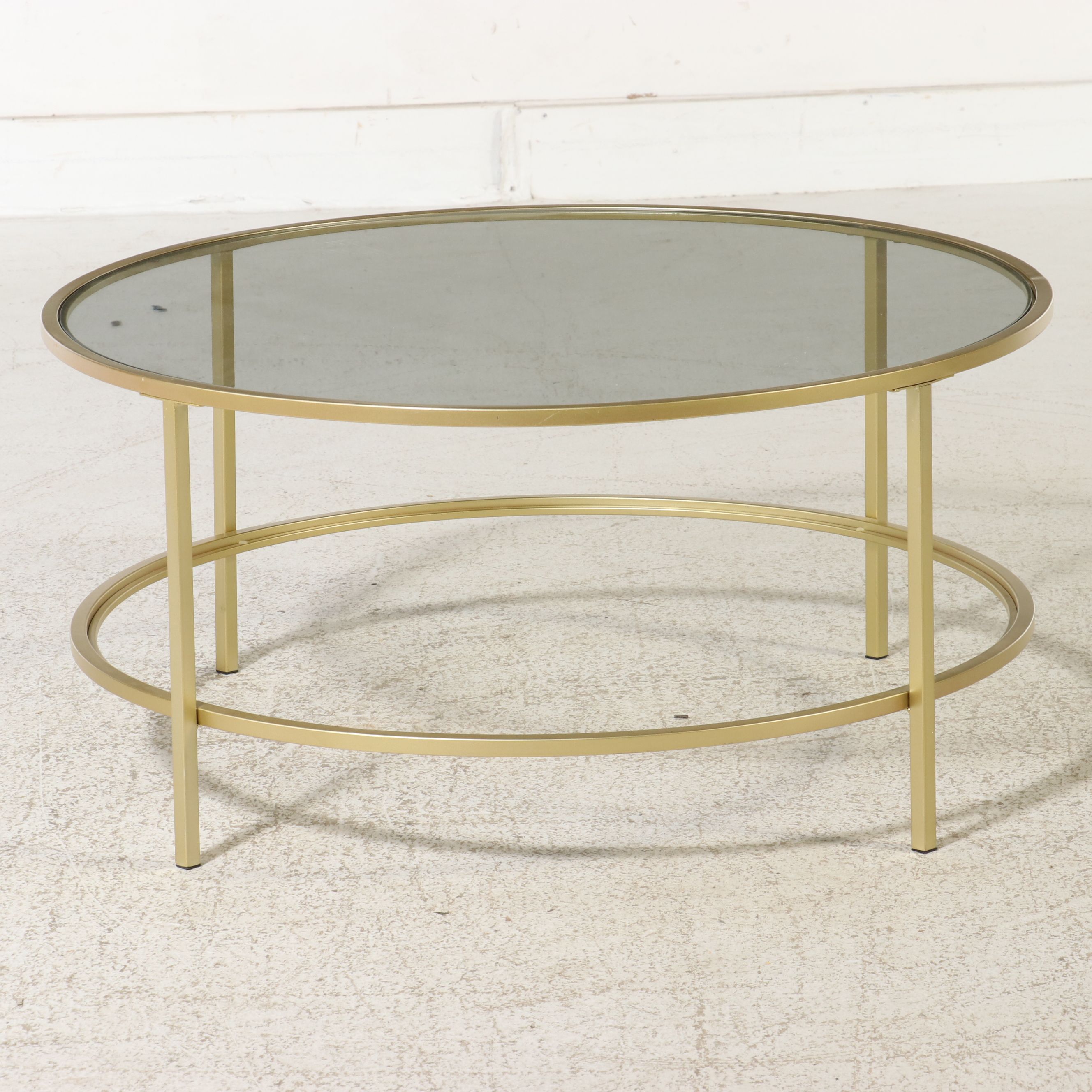 Contemporary Round Tiered Gold Metal and Glass Coffee Table
