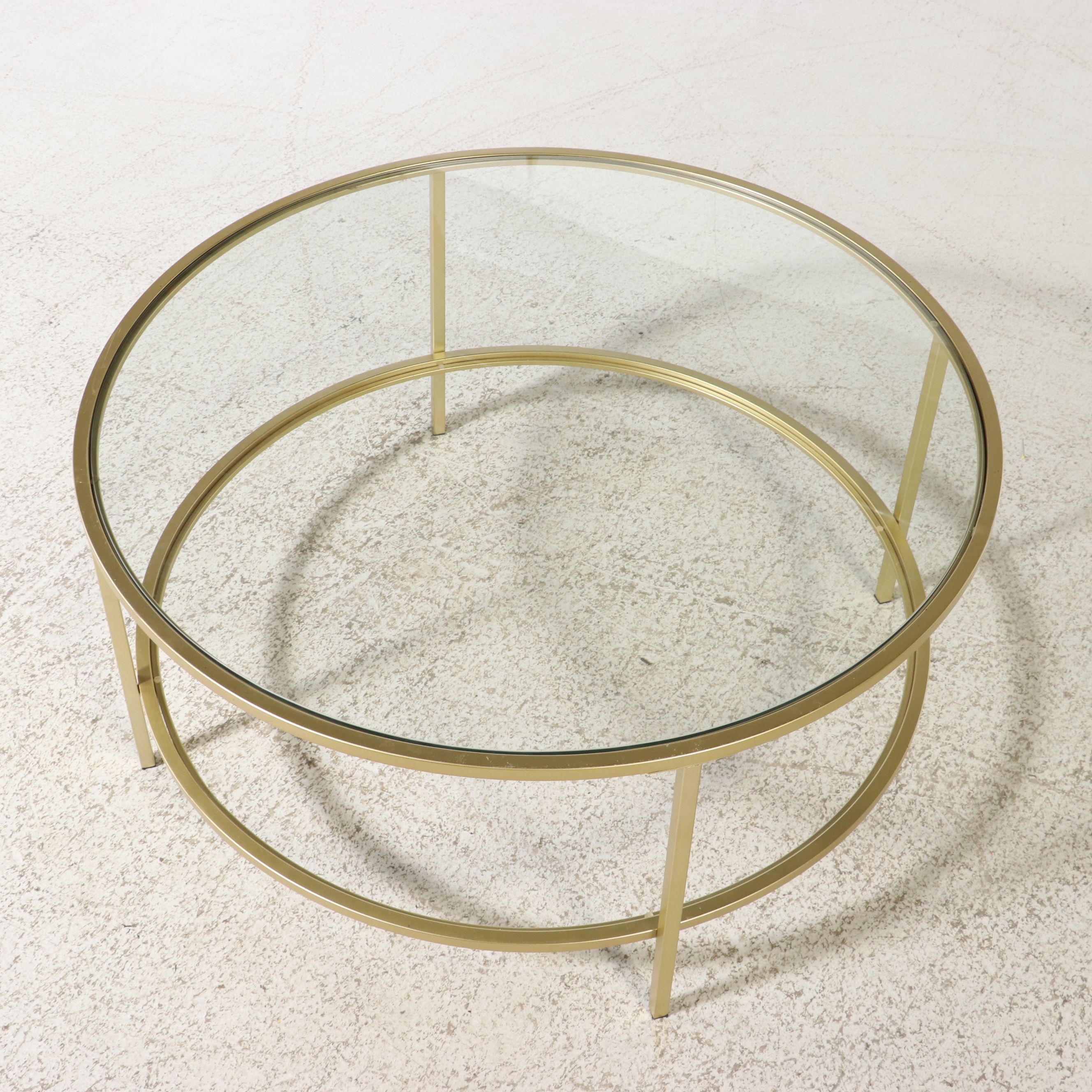 Contemporary Round Tiered Gold Metal and Glass Coffee Table