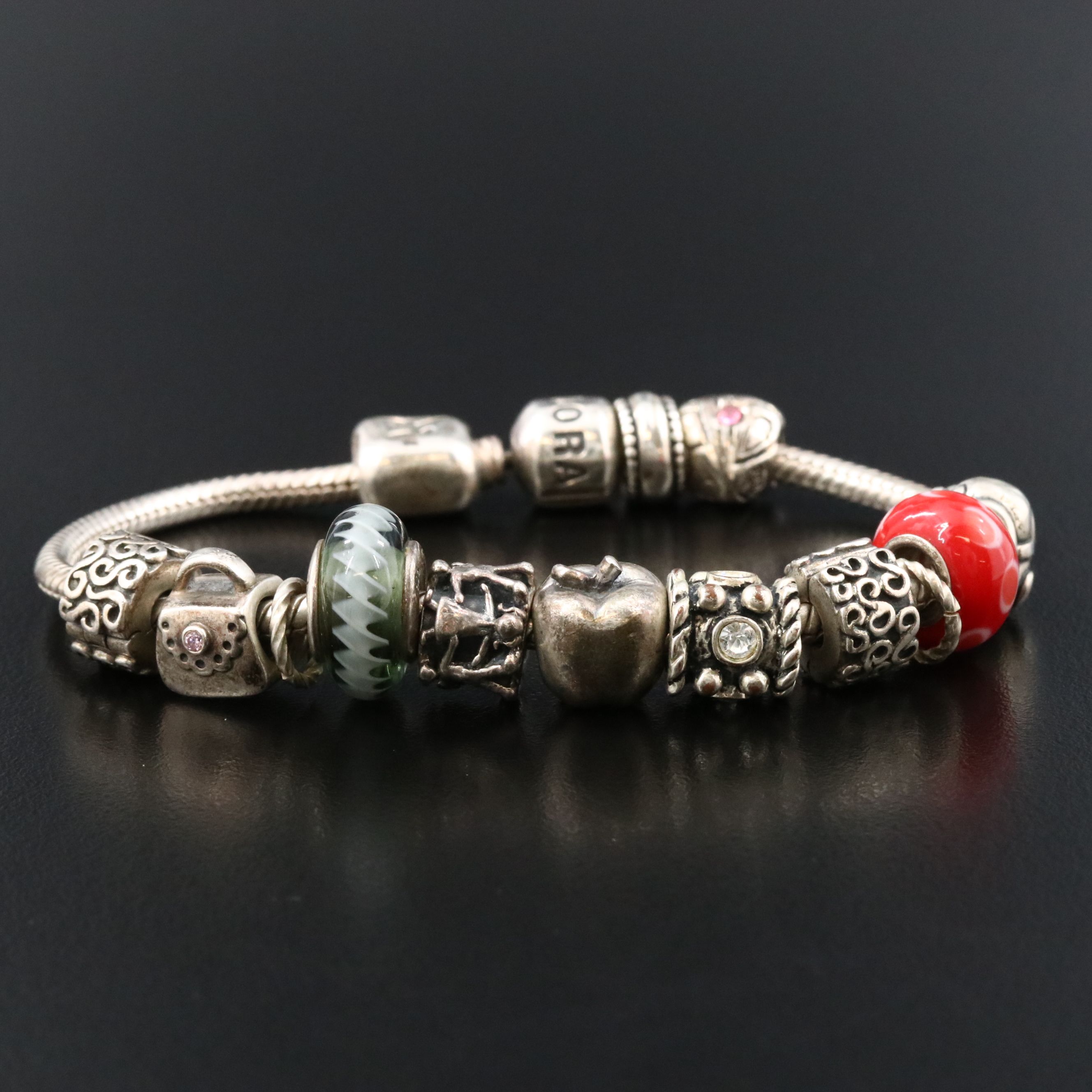 Pandora Sterling Bracelet with Beads Including Glass, Rhinestones and CZ