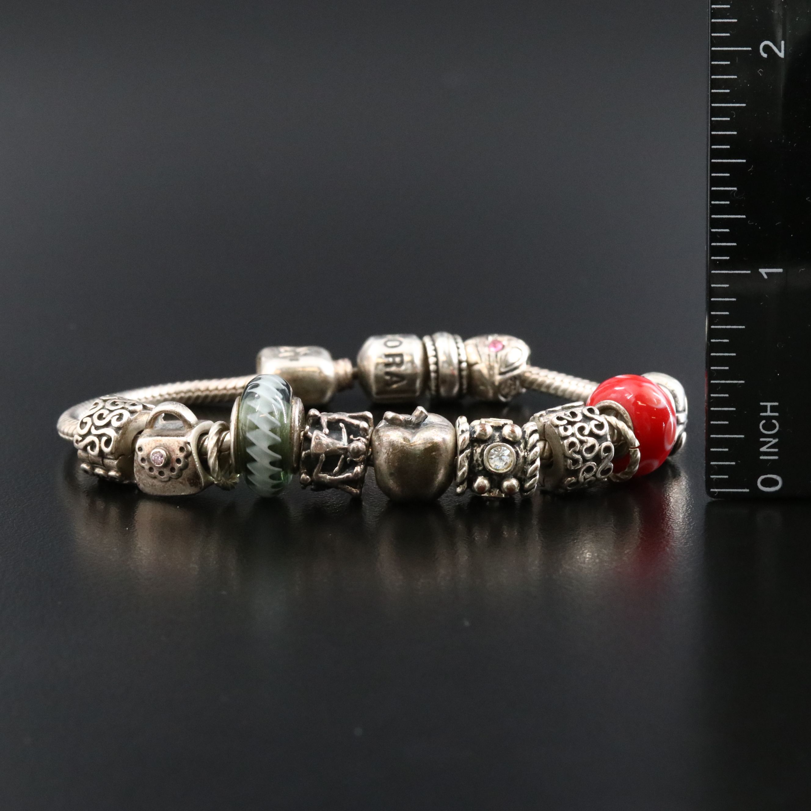 Pandora Sterling Bracelet with Beads Including Glass, Rhinestones and CZ