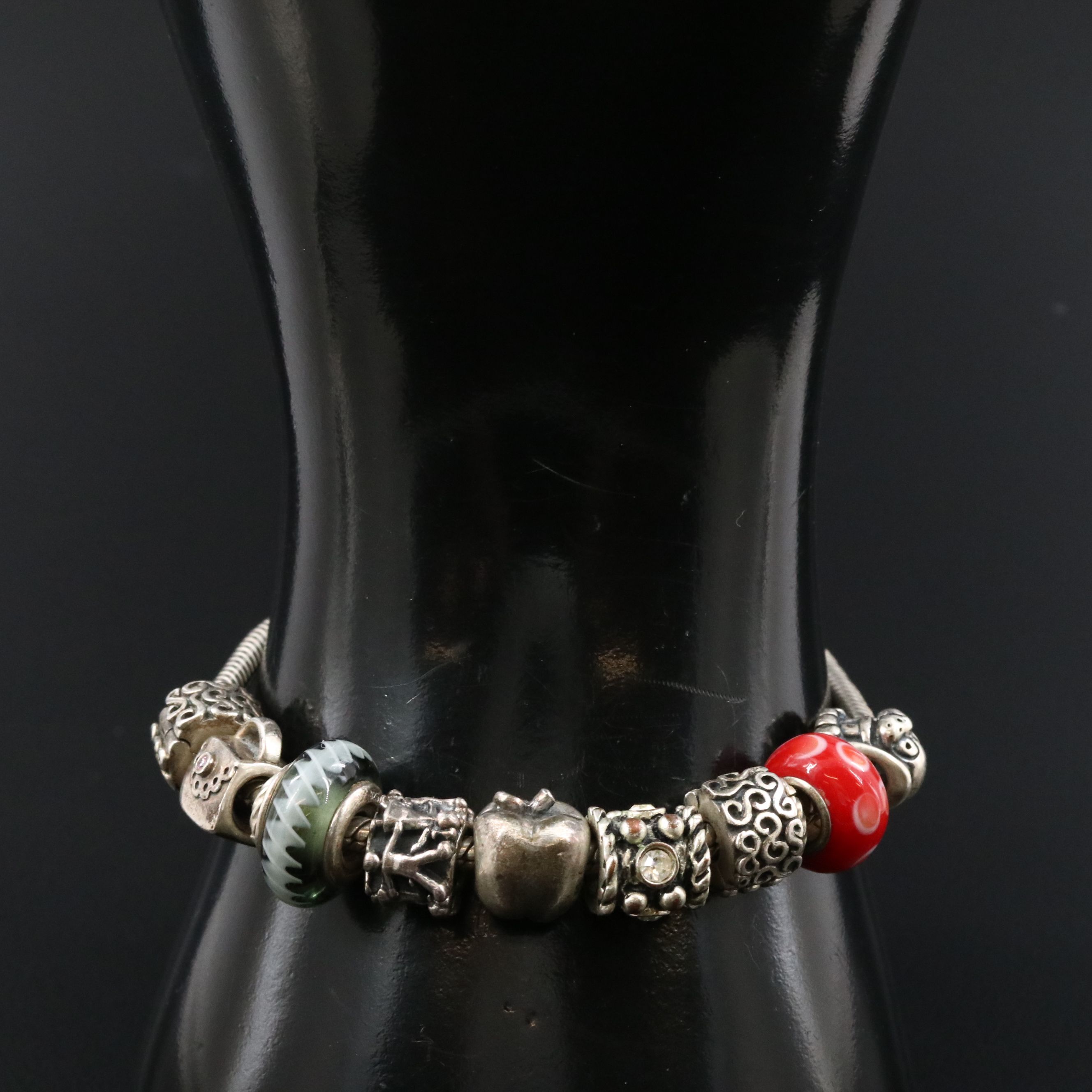 Pandora Sterling Bracelet with Beads Including Glass, Rhinestones and CZ