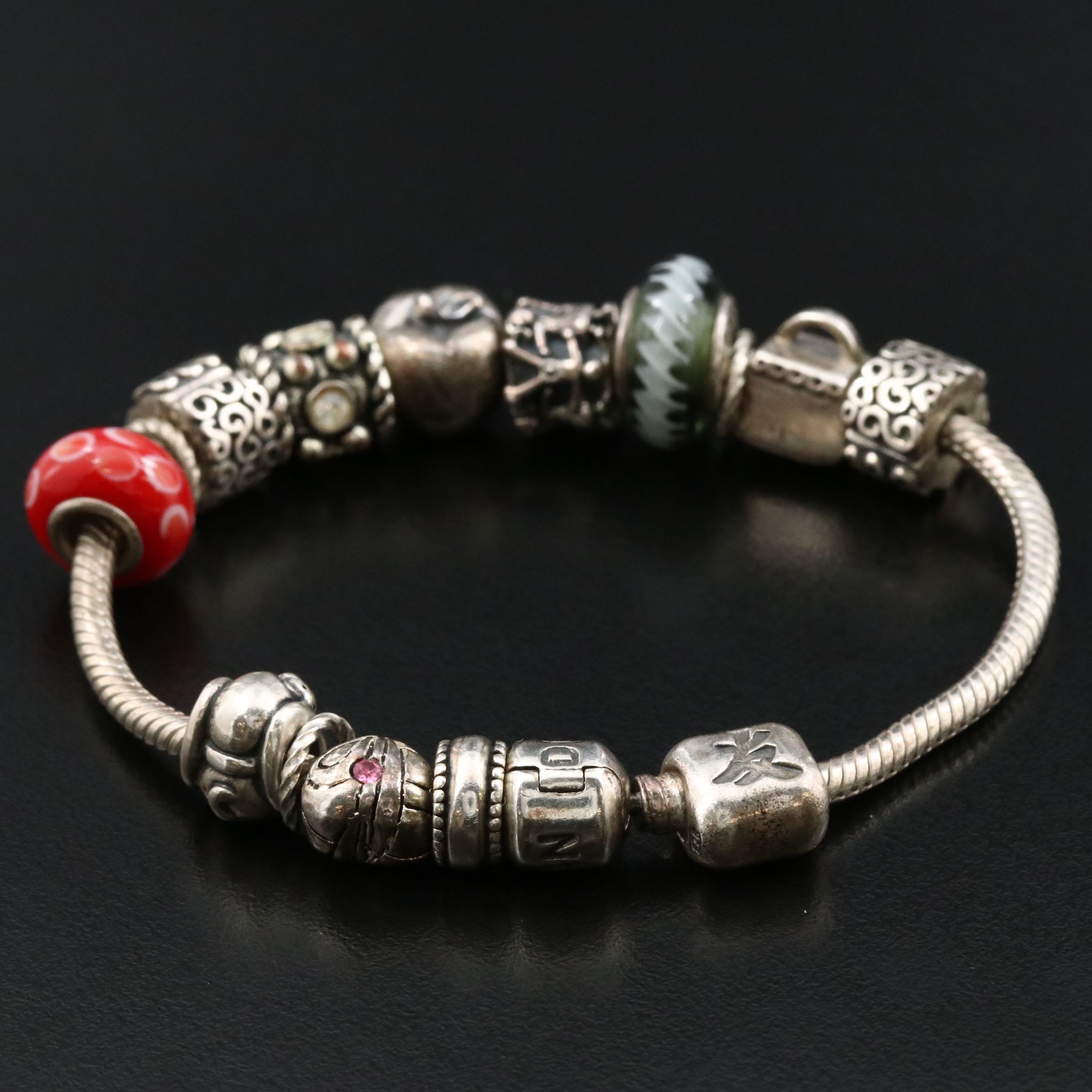 Pandora Sterling Bracelet with Beads Including Glass, Rhinestones and CZ