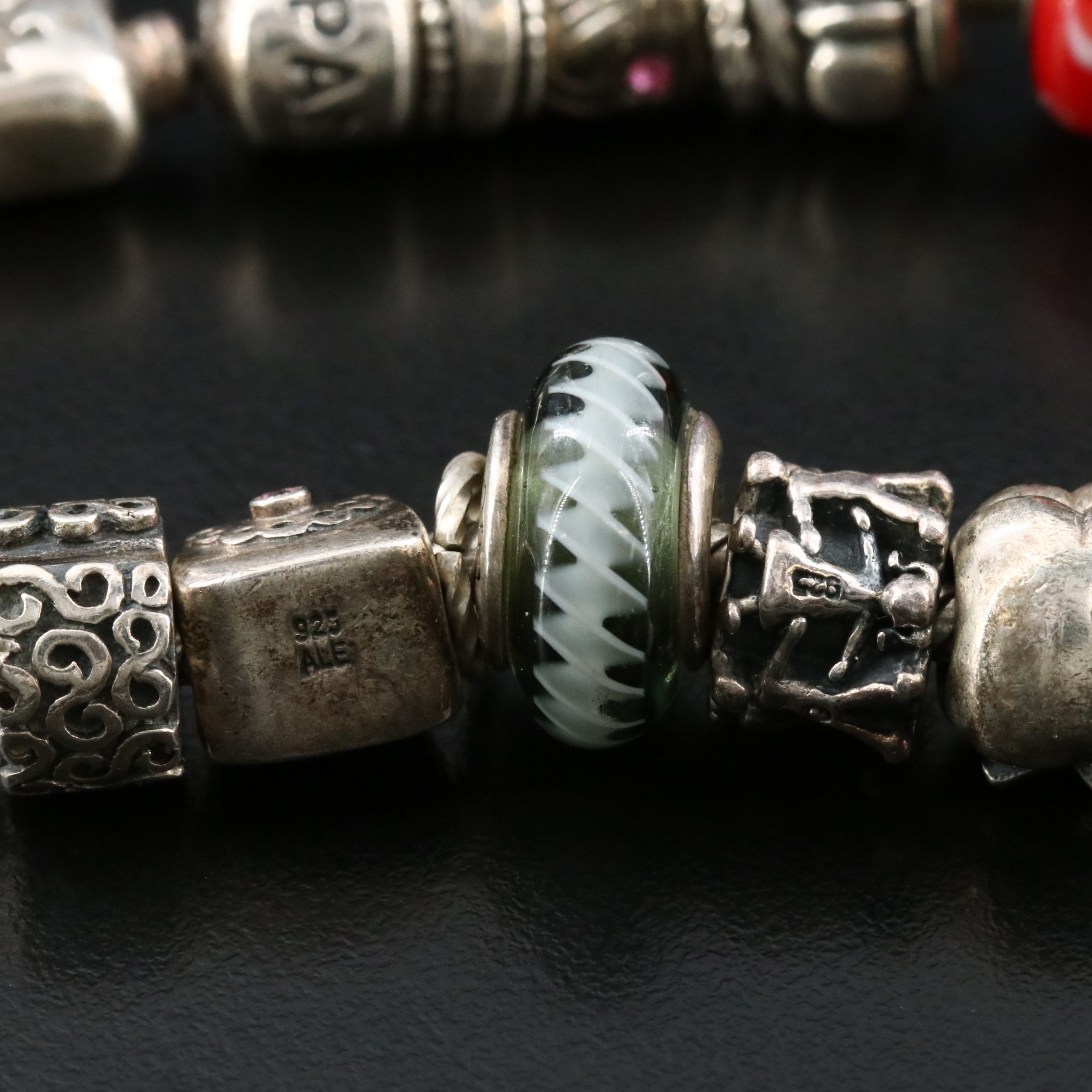 Pandora Sterling Bracelet with Beads Including Glass, Rhinestones and CZ