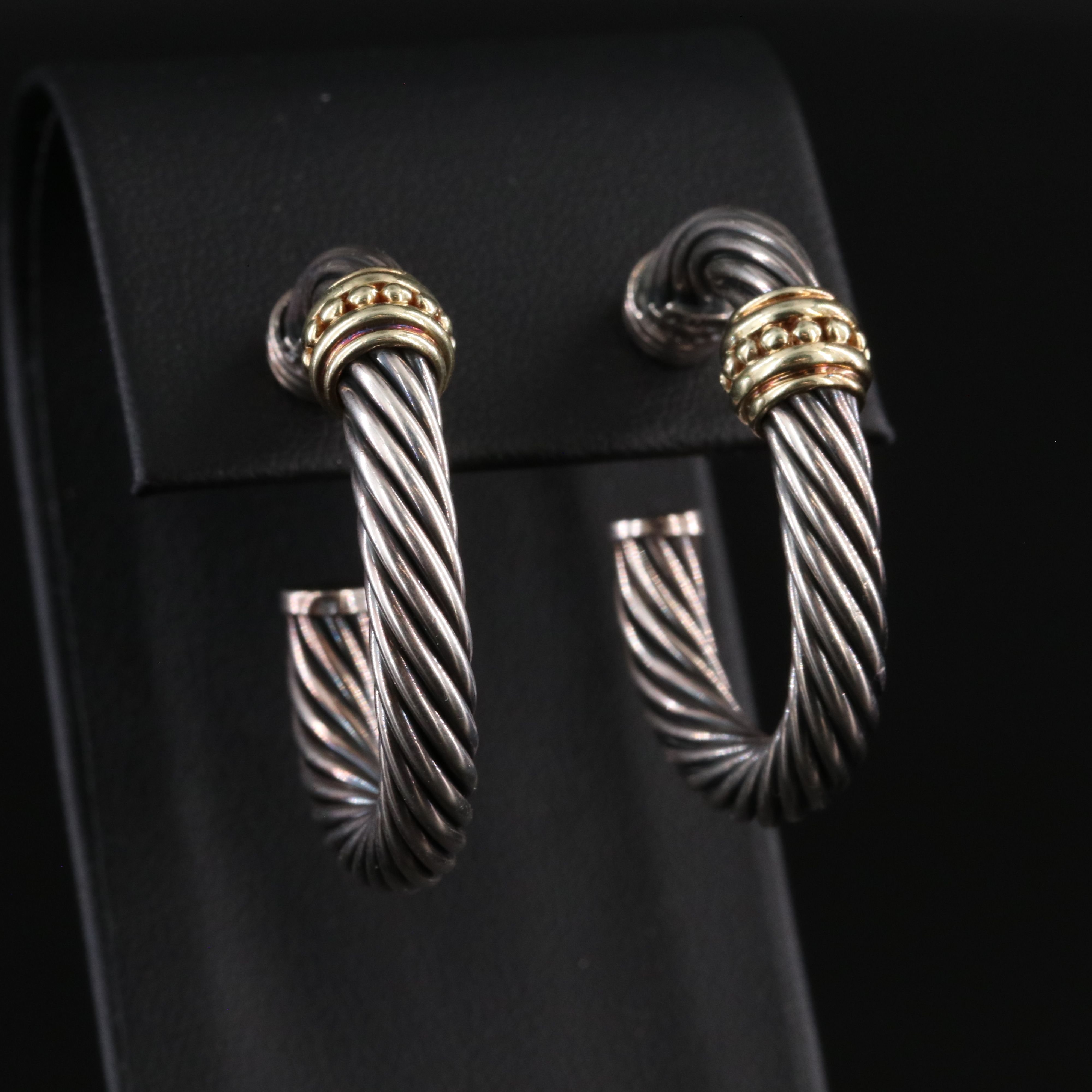 David Yurman Sterling Cable Hoop  Earrings with 14K Beaded Station
