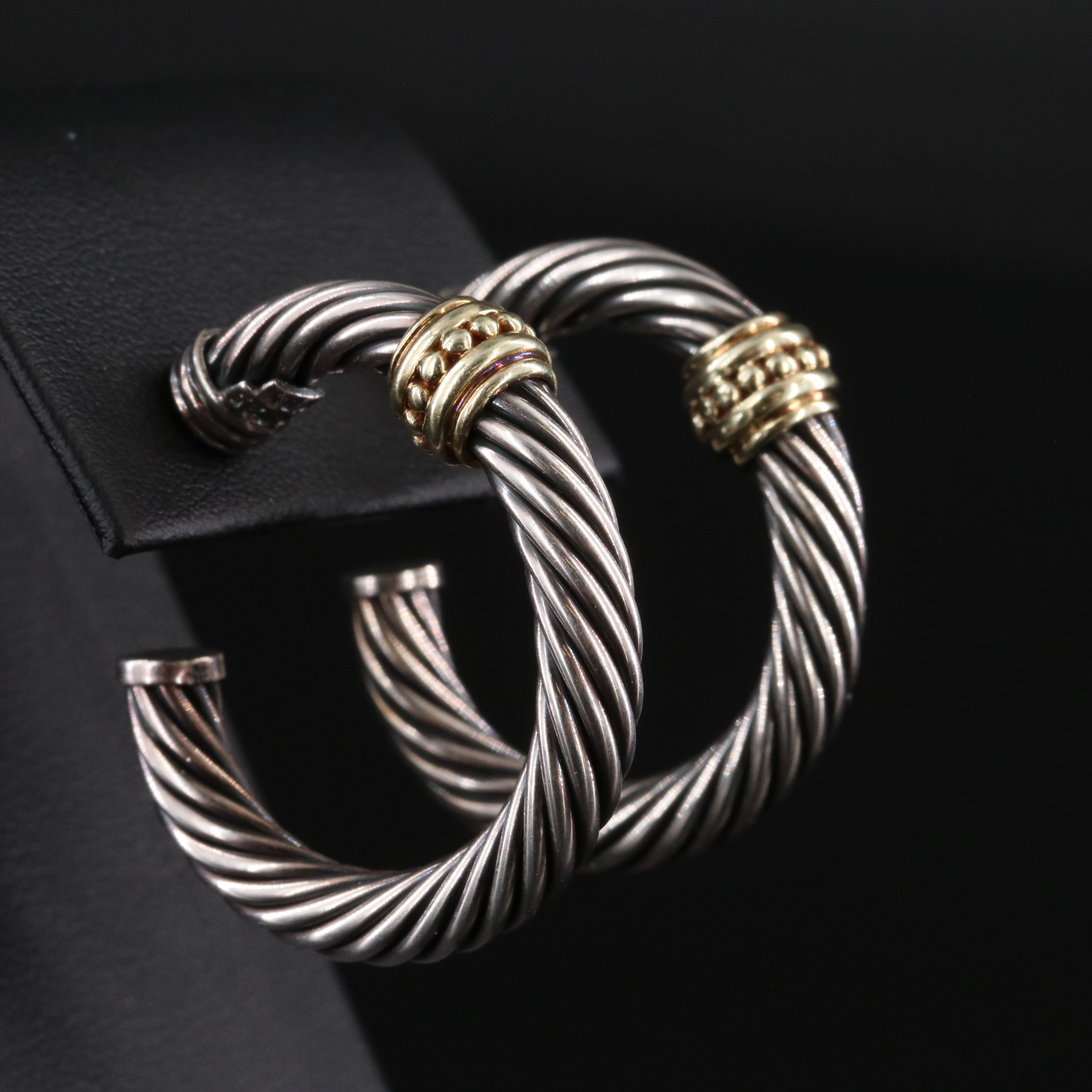 David Yurman Sterling Cable Hoop  Earrings with 14K Beaded Station