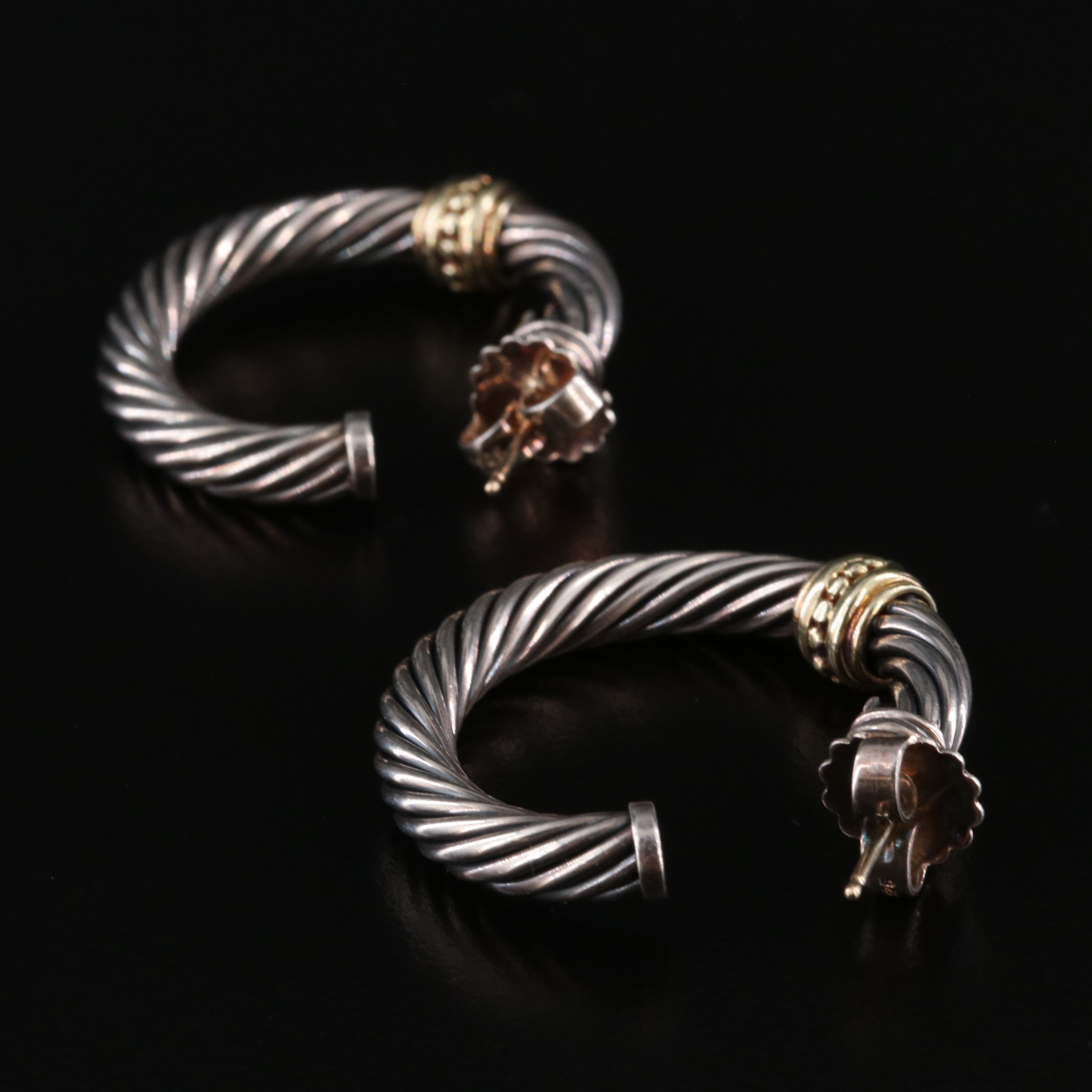 David Yurman Sterling Cable Hoop  Earrings with 14K Beaded Station