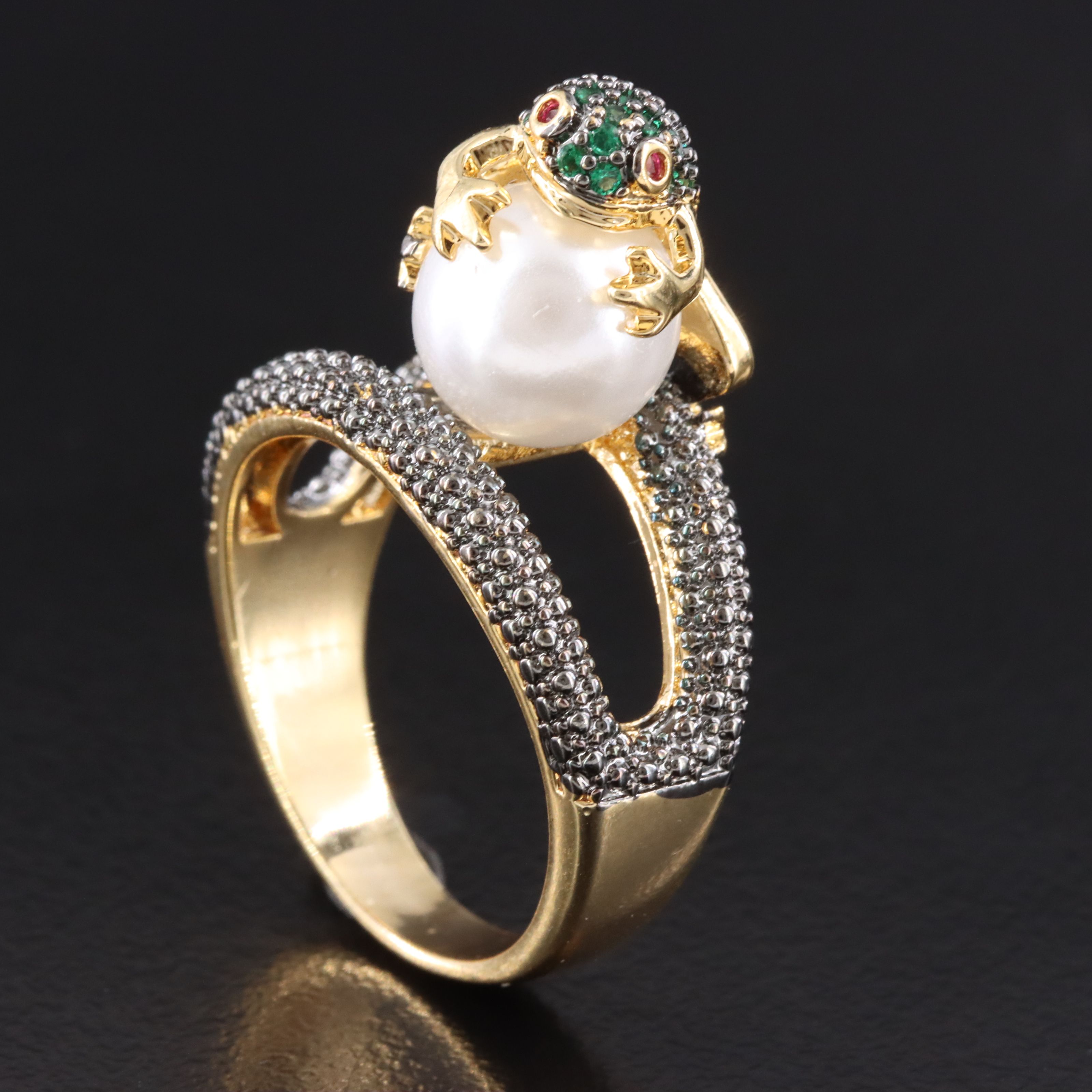 Toad Topped Ring with Faux Pearl, Ruby and Green Glass