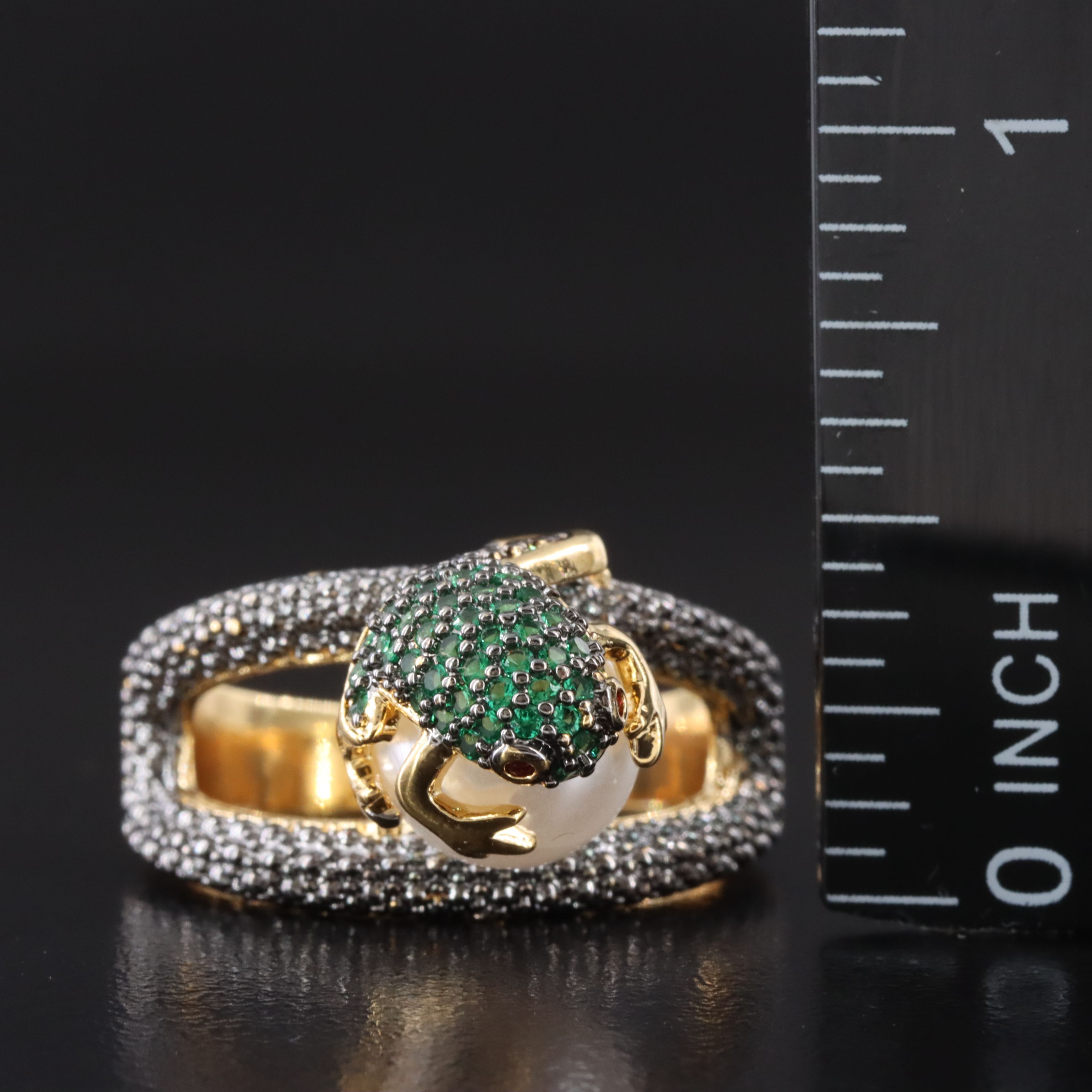 Toad Topped Ring with Faux Pearl, Ruby and Green Glass