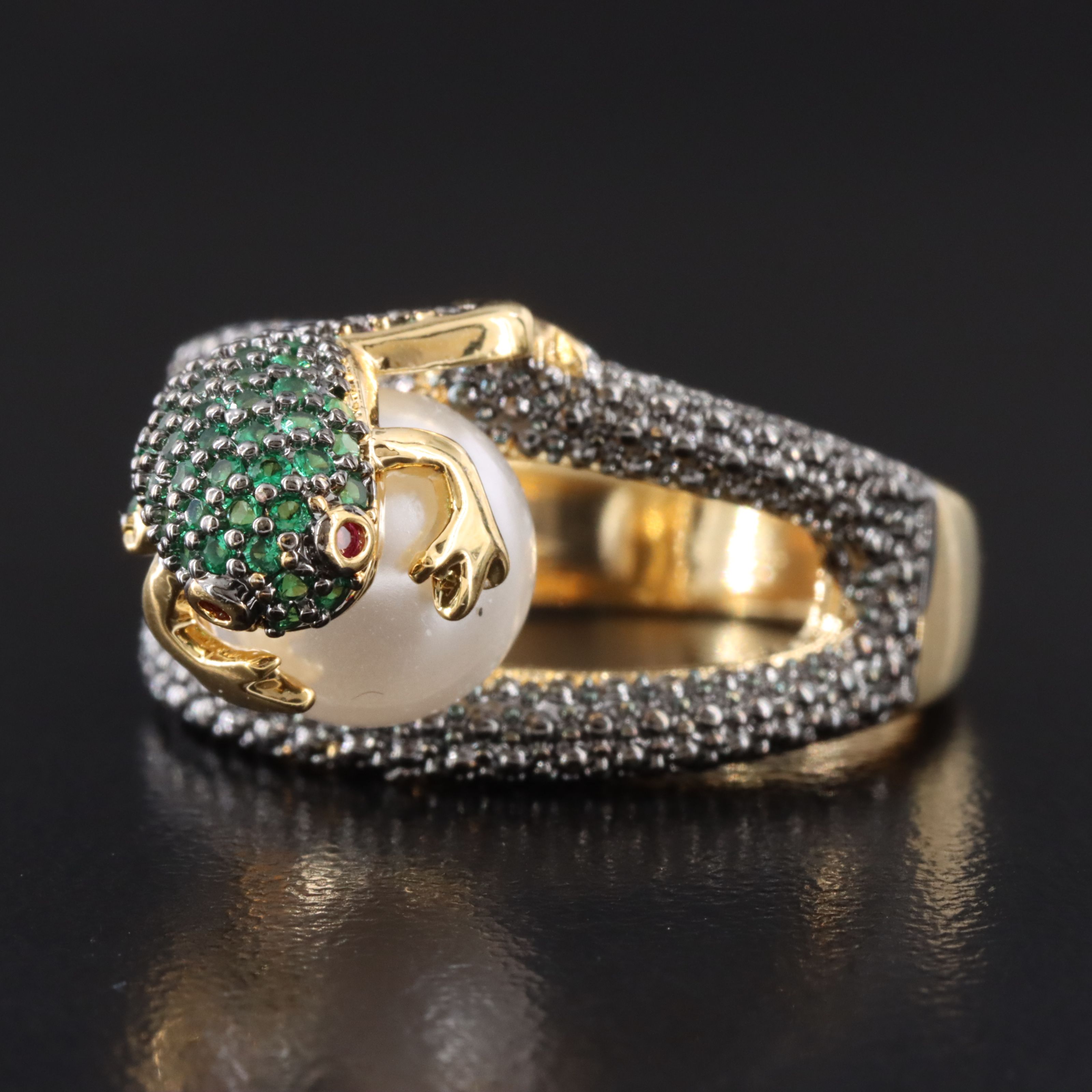 Toad Topped Ring with Faux Pearl, Ruby and Green Glass