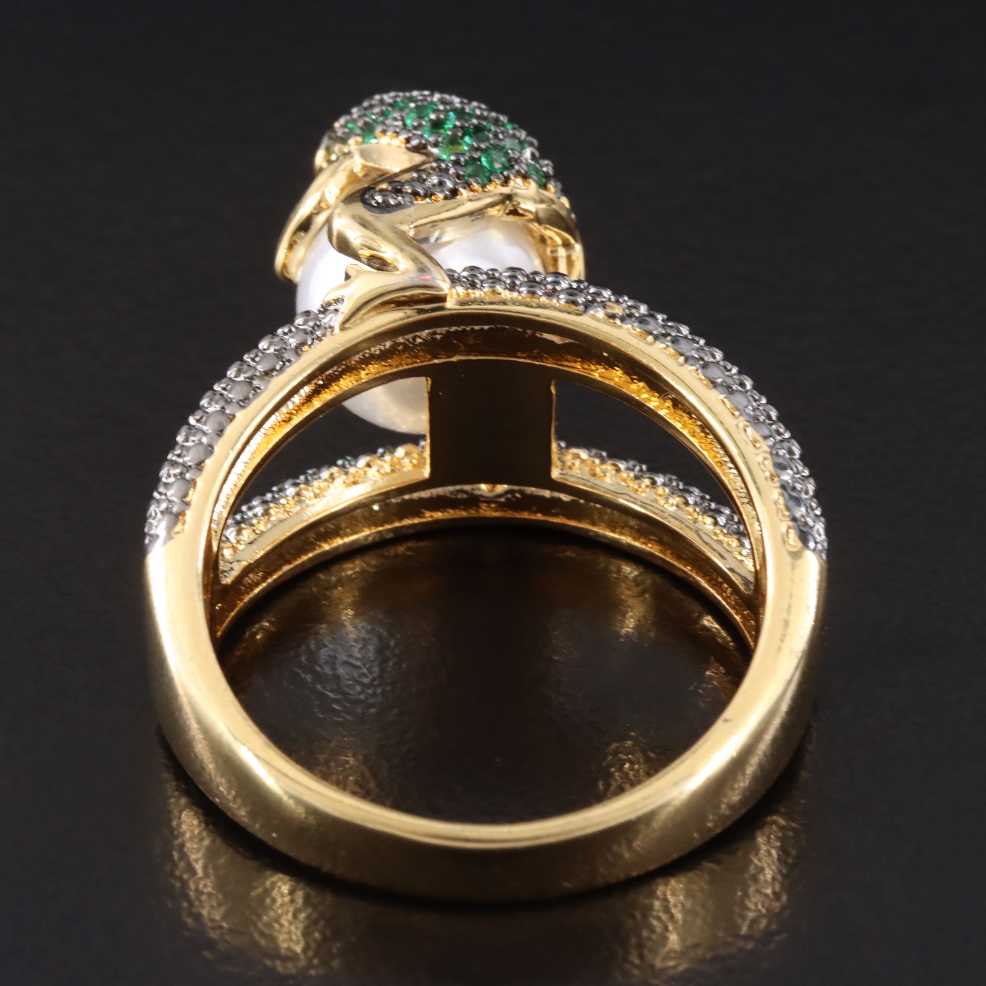 Toad Topped Ring with Faux Pearl, Ruby and Green Glass