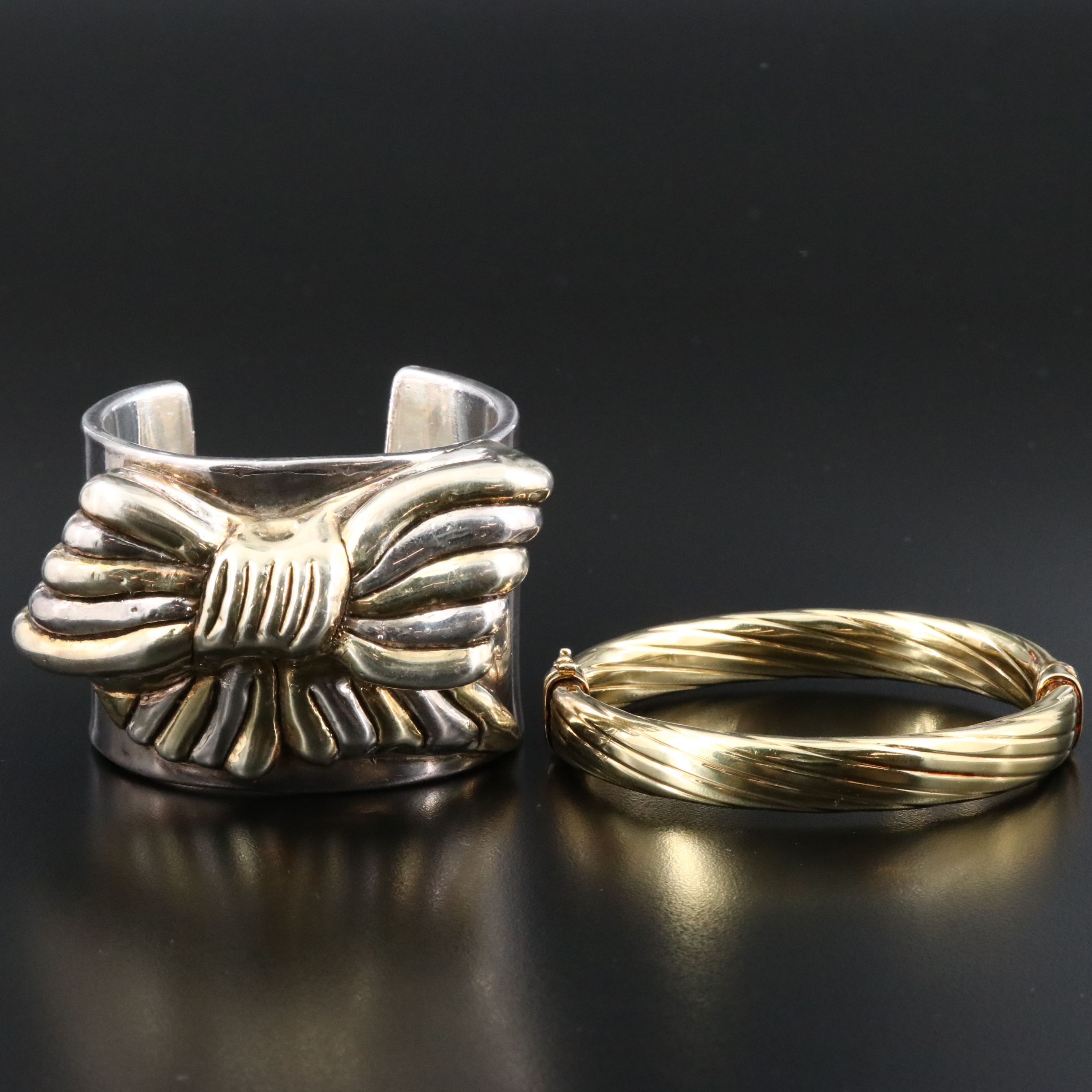 Veronese Sterling Fluted Bangle with Electroformed Bow Cuff