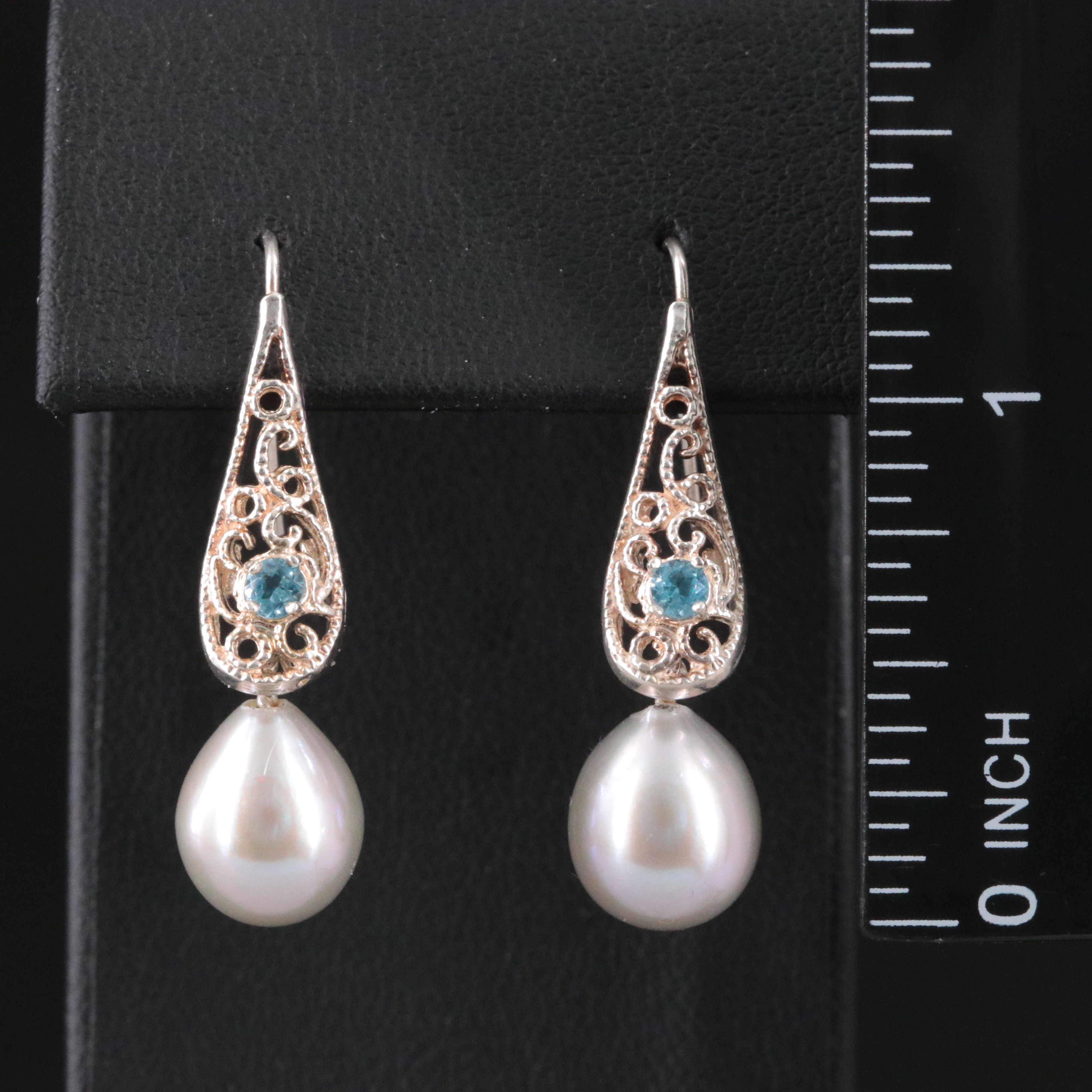 Sterling Pearl and Blue Topaz Drop Earrings