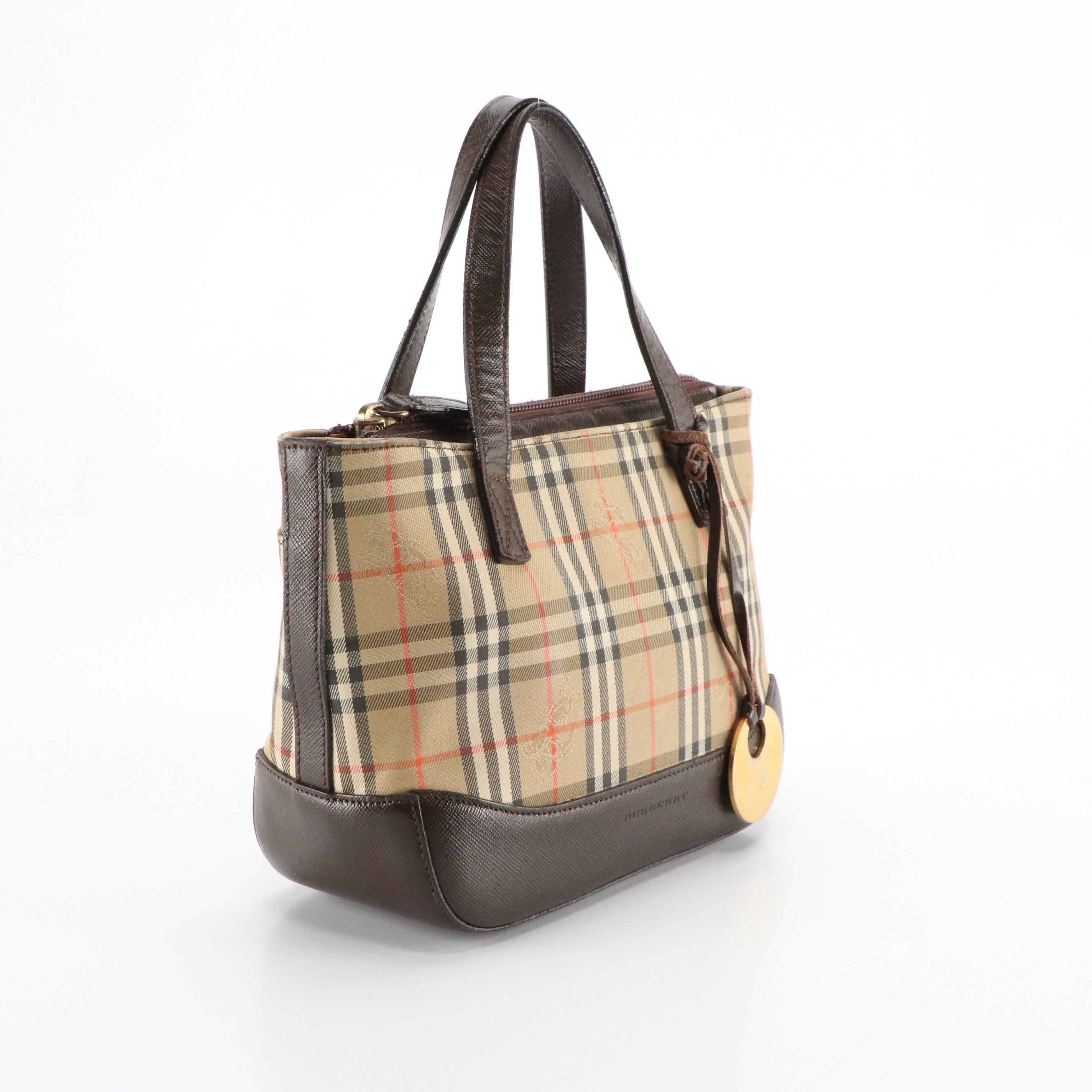 Burberry Small Top Handle Pocket Bag in Haymarket Check and Brown Leather