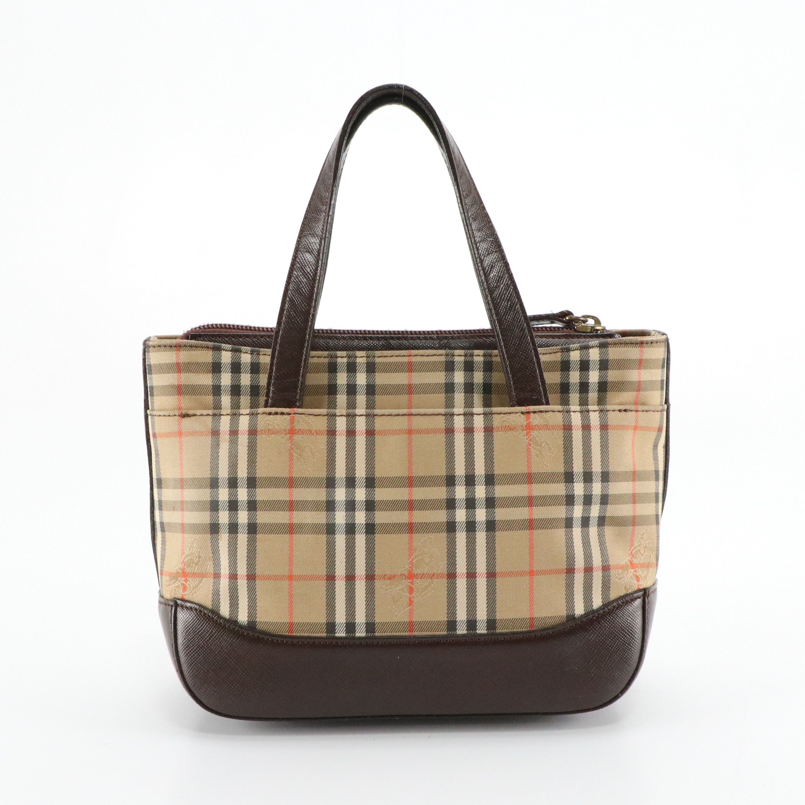 Burberry Small Top Handle Pocket Bag in Haymarket Check and Brown Leather