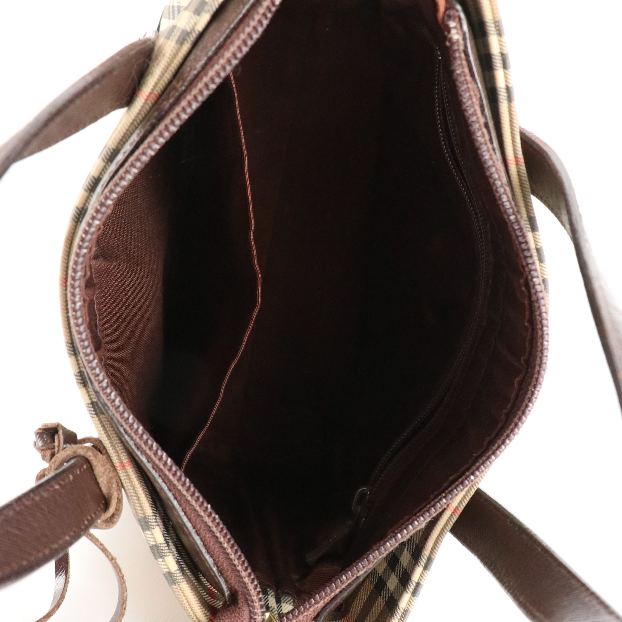 Burberry Small Top Handle Pocket Bag in Haymarket Check and Brown Leather