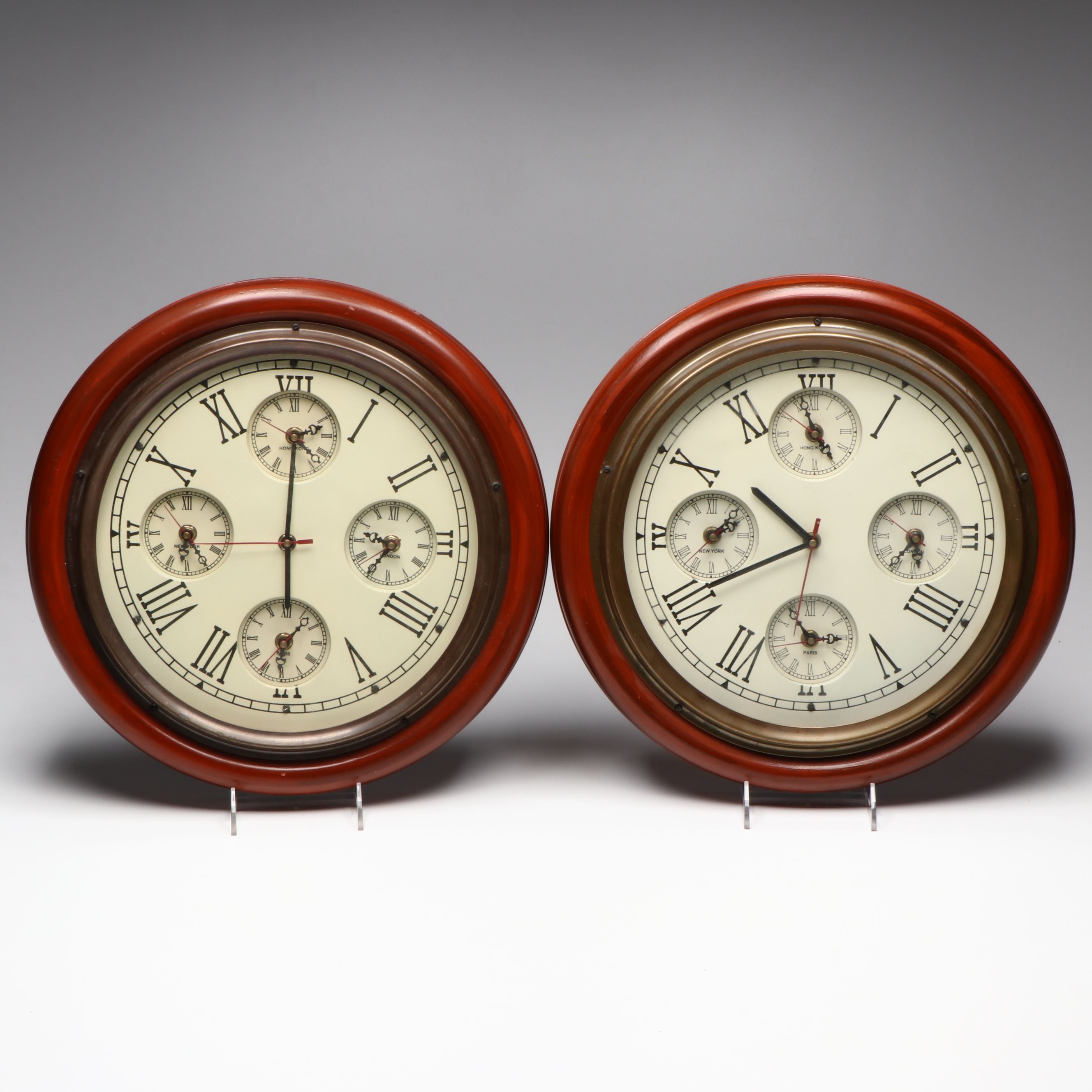 Pair of Nautical Style Wood and Brass World Clocks