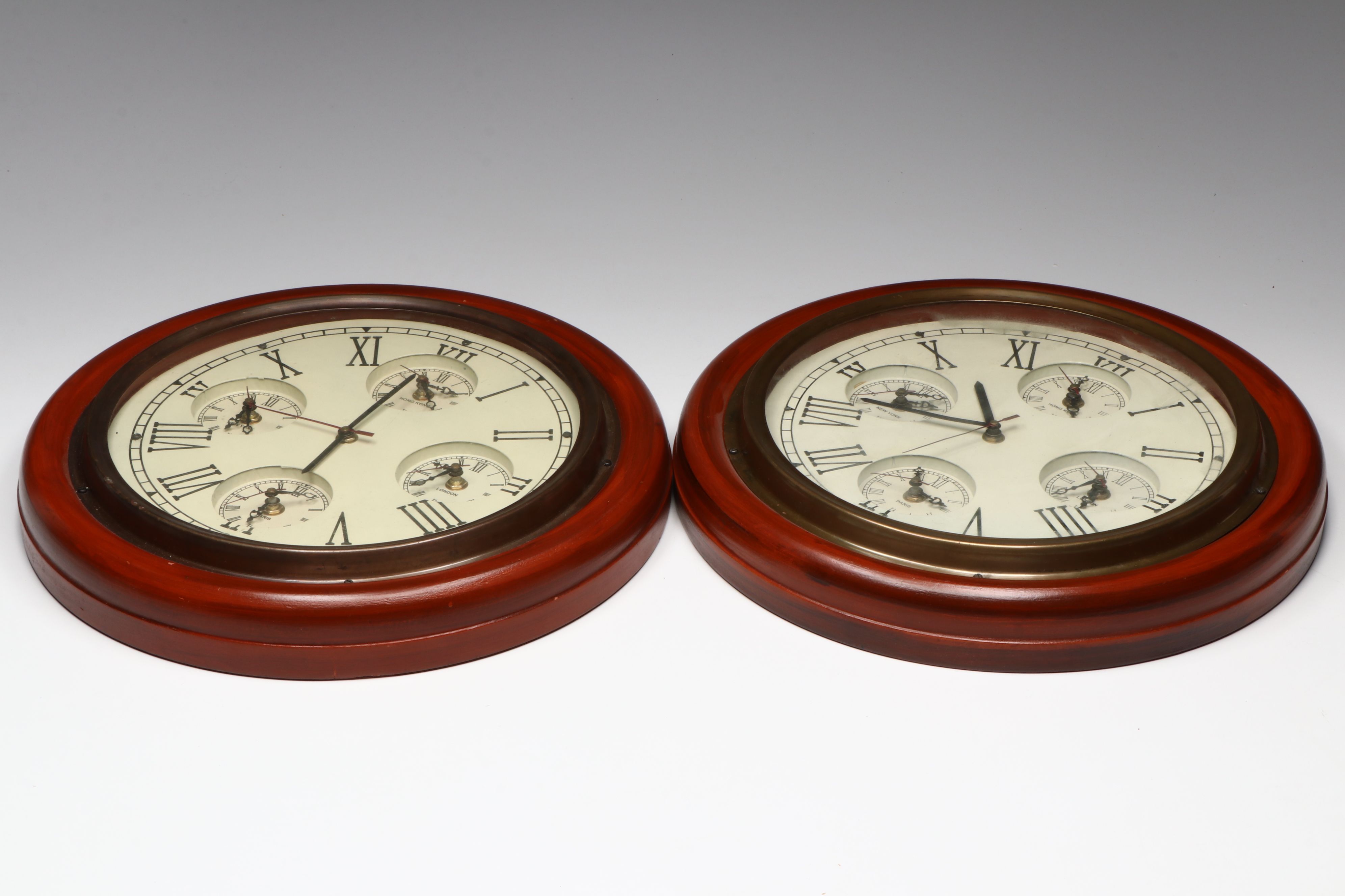 Pair of Nautical Style Wood and Brass World Clocks