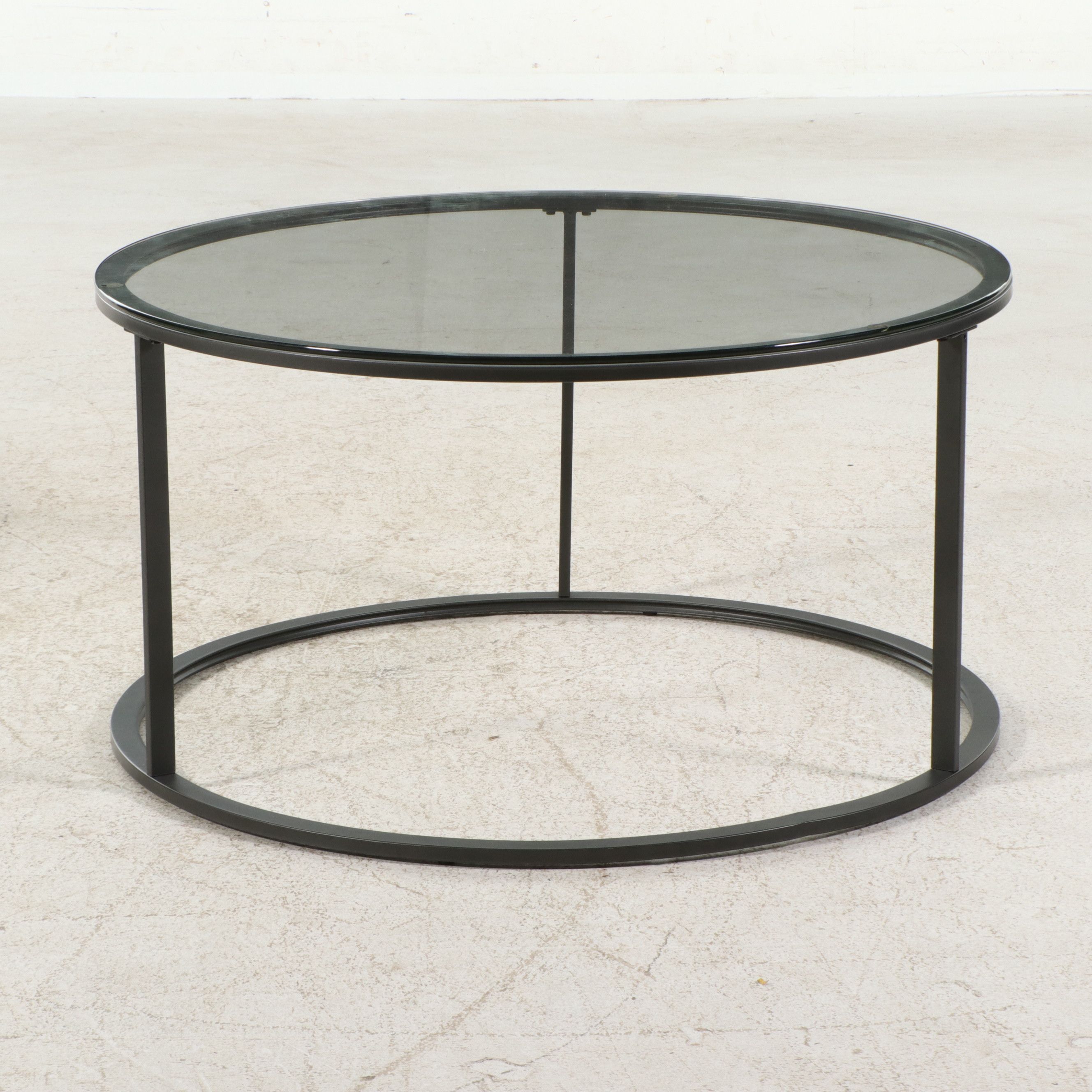 Pair of Contemporary Circular Metal End Tables with Inset Glass Tops