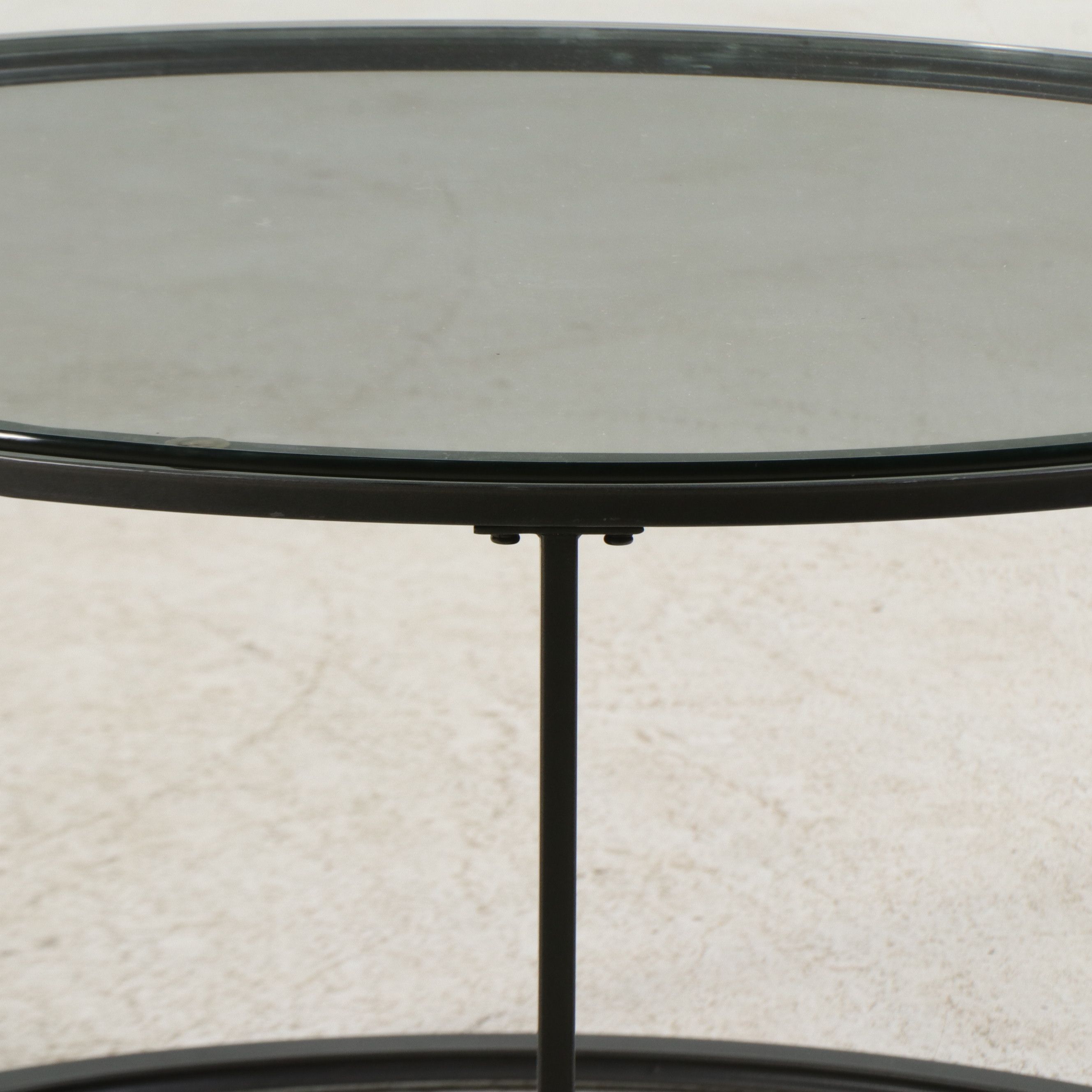 Pair of Contemporary Circular Metal End Tables with Inset Glass Tops