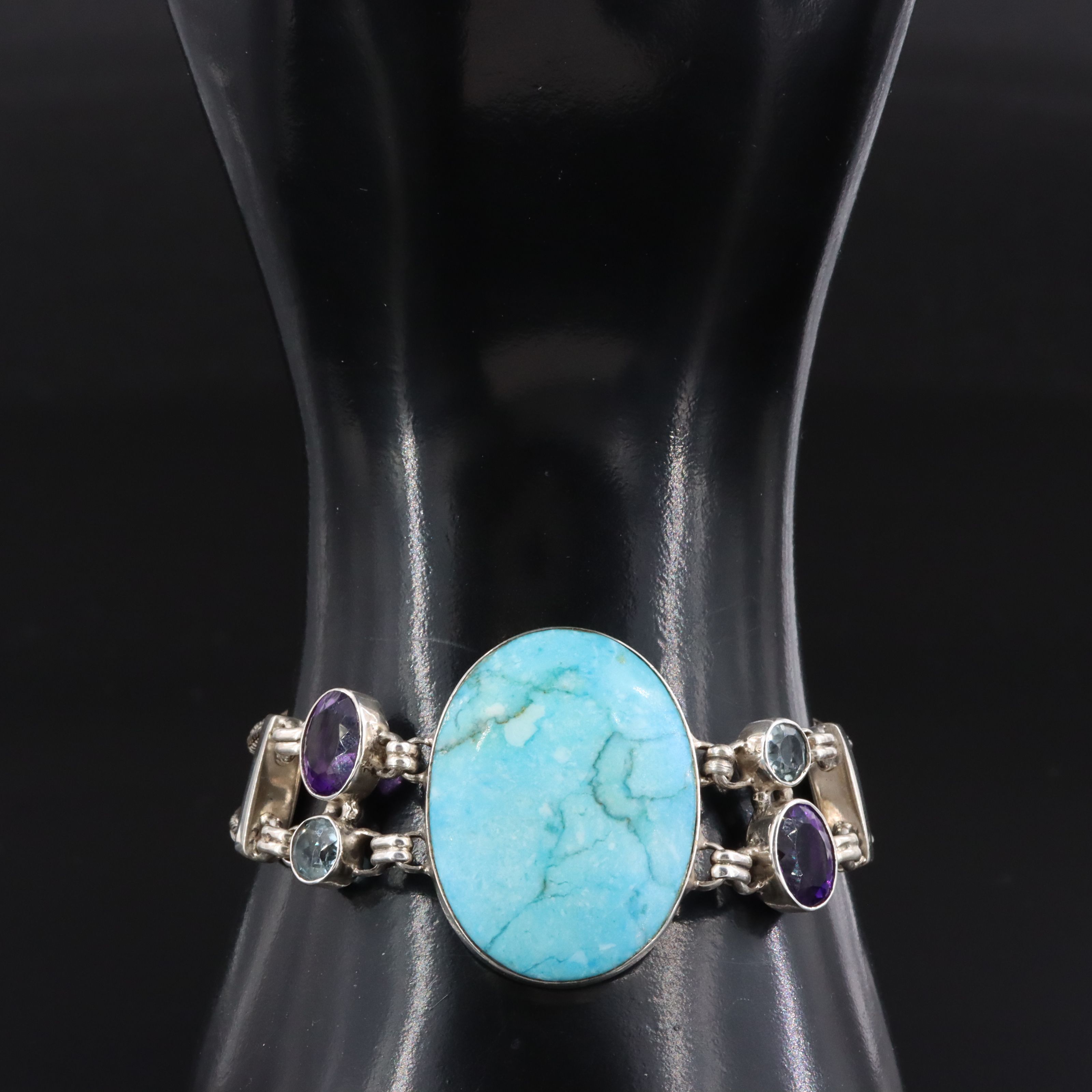 Magnesite, Amethyst and Blue Topaz Bracelet with Sterling