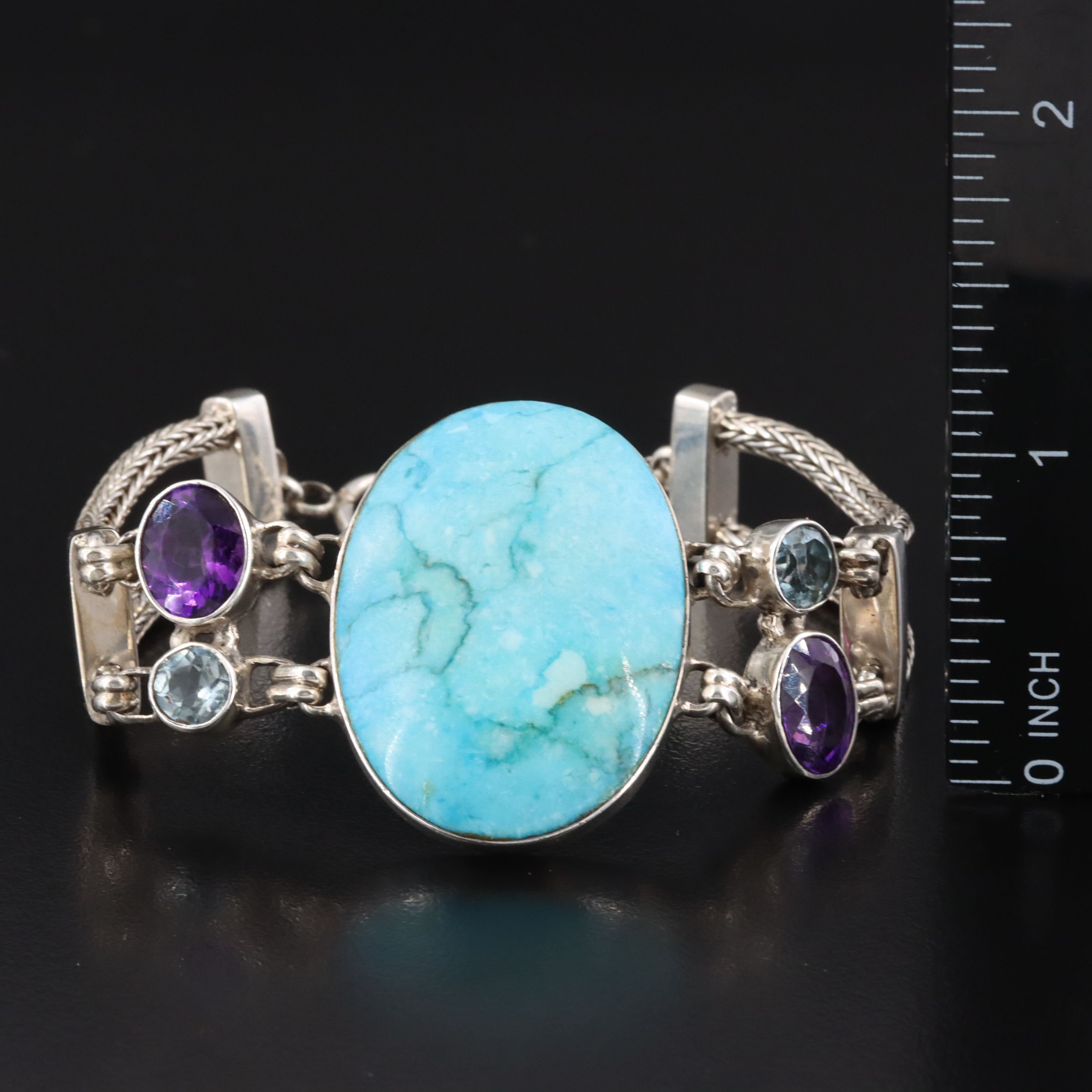 Magnesite, Amethyst and Blue Topaz Bracelet with Sterling