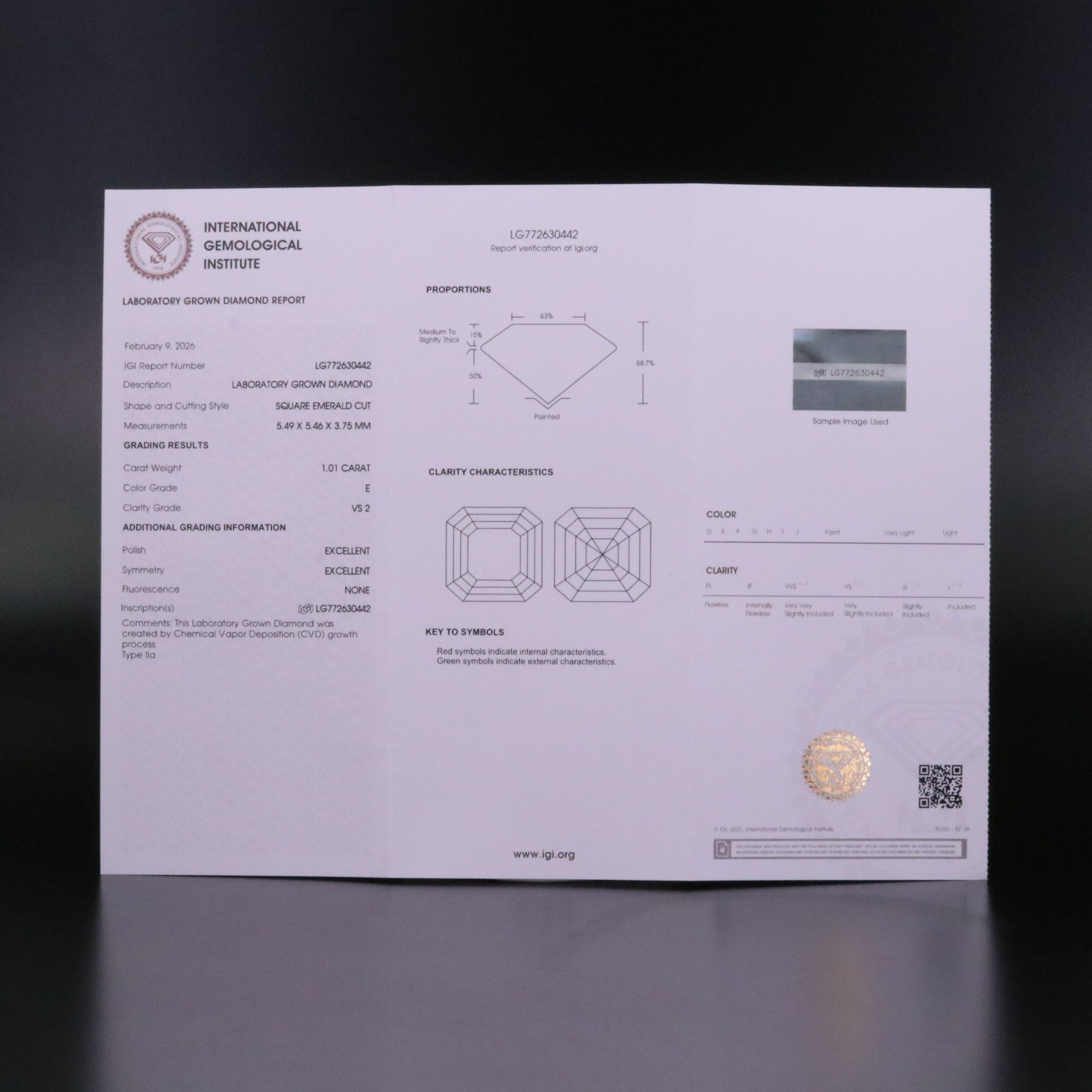 Loose 1.01 CT Lab Grown Diamond with IGI Report