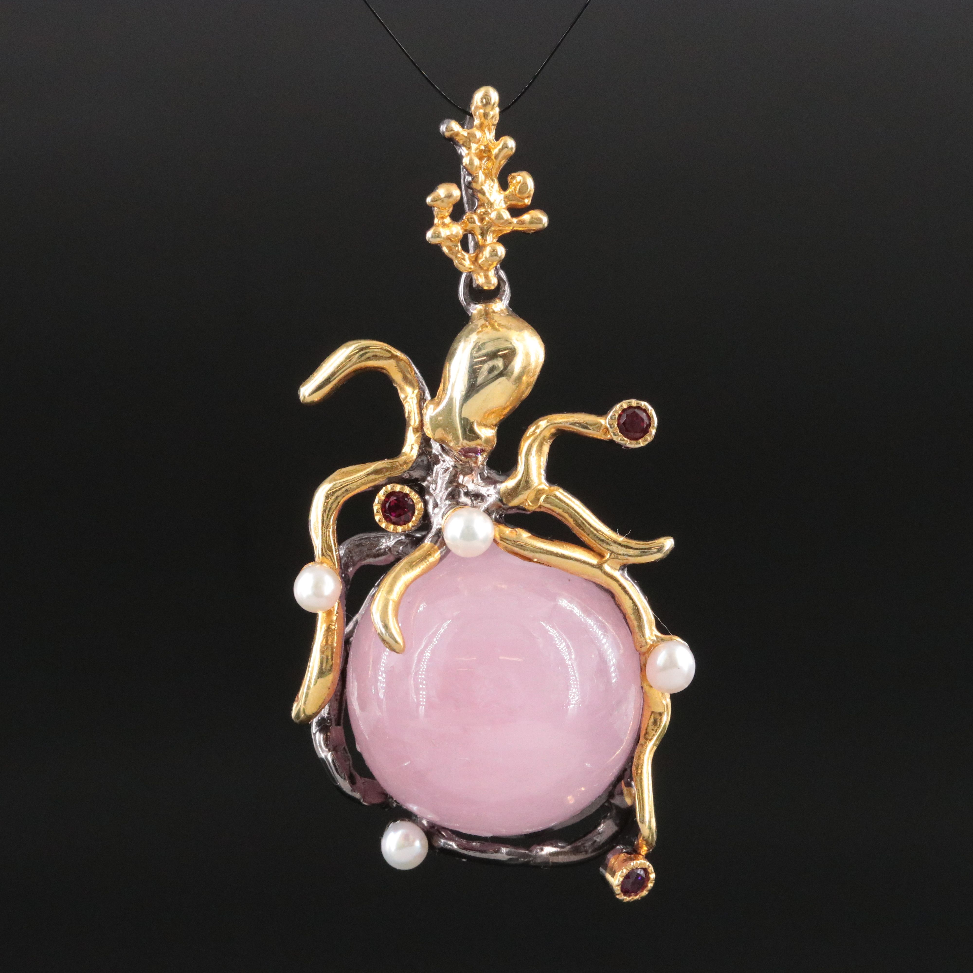 Sterling Quartzite, Pearl and Garnet Octopus Pendant