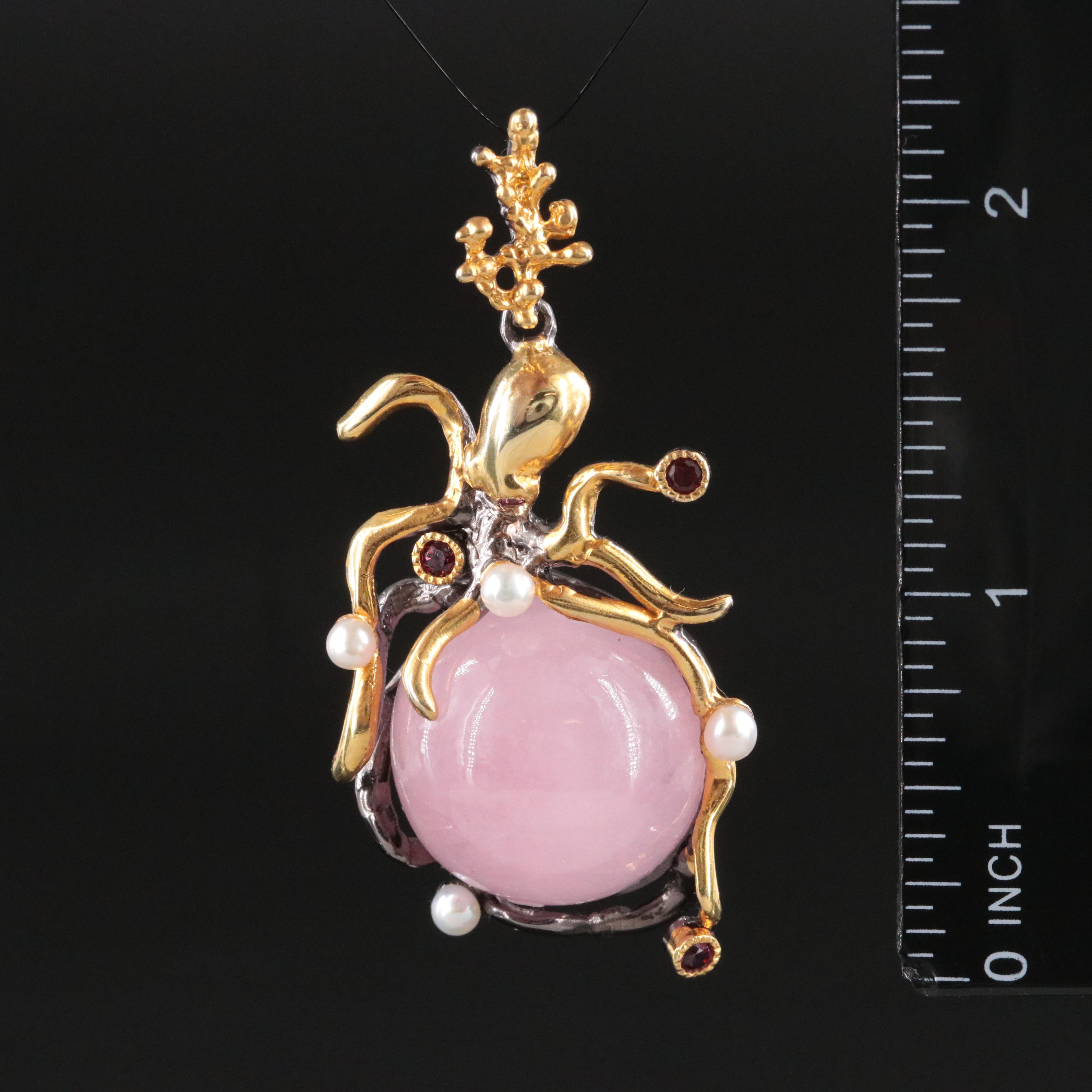 Sterling Quartzite, Pearl and Garnet Octopus Pendant