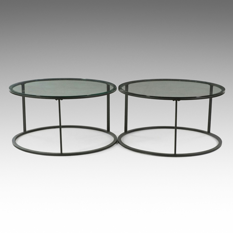 Pair of Contemporary Circular Metal End Tables with Inset Glass Tops