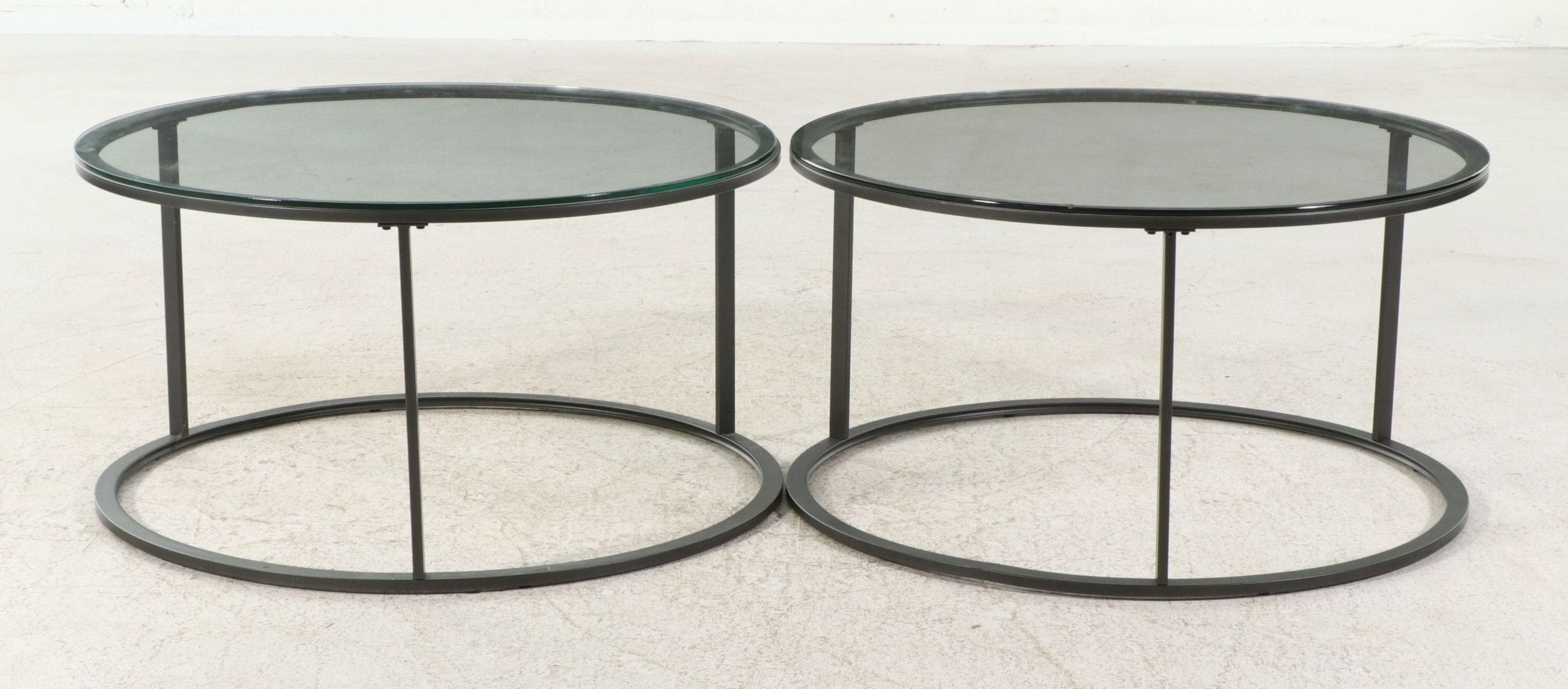 Pair of Contemporary Circular Metal End Tables with Inset Glass Tops