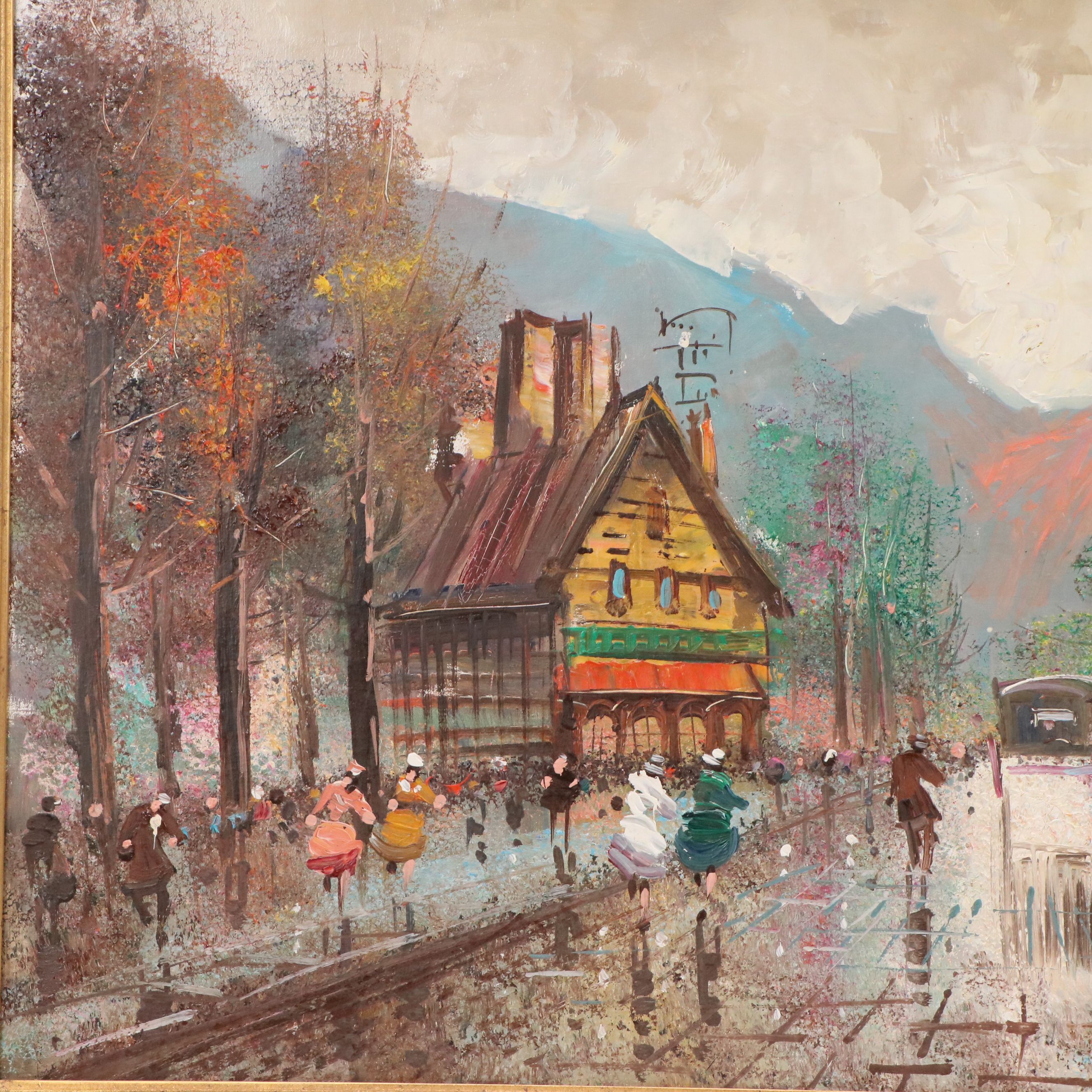 Impressionistic Oil Painting of European Village Street, Mid to Late 20th C.