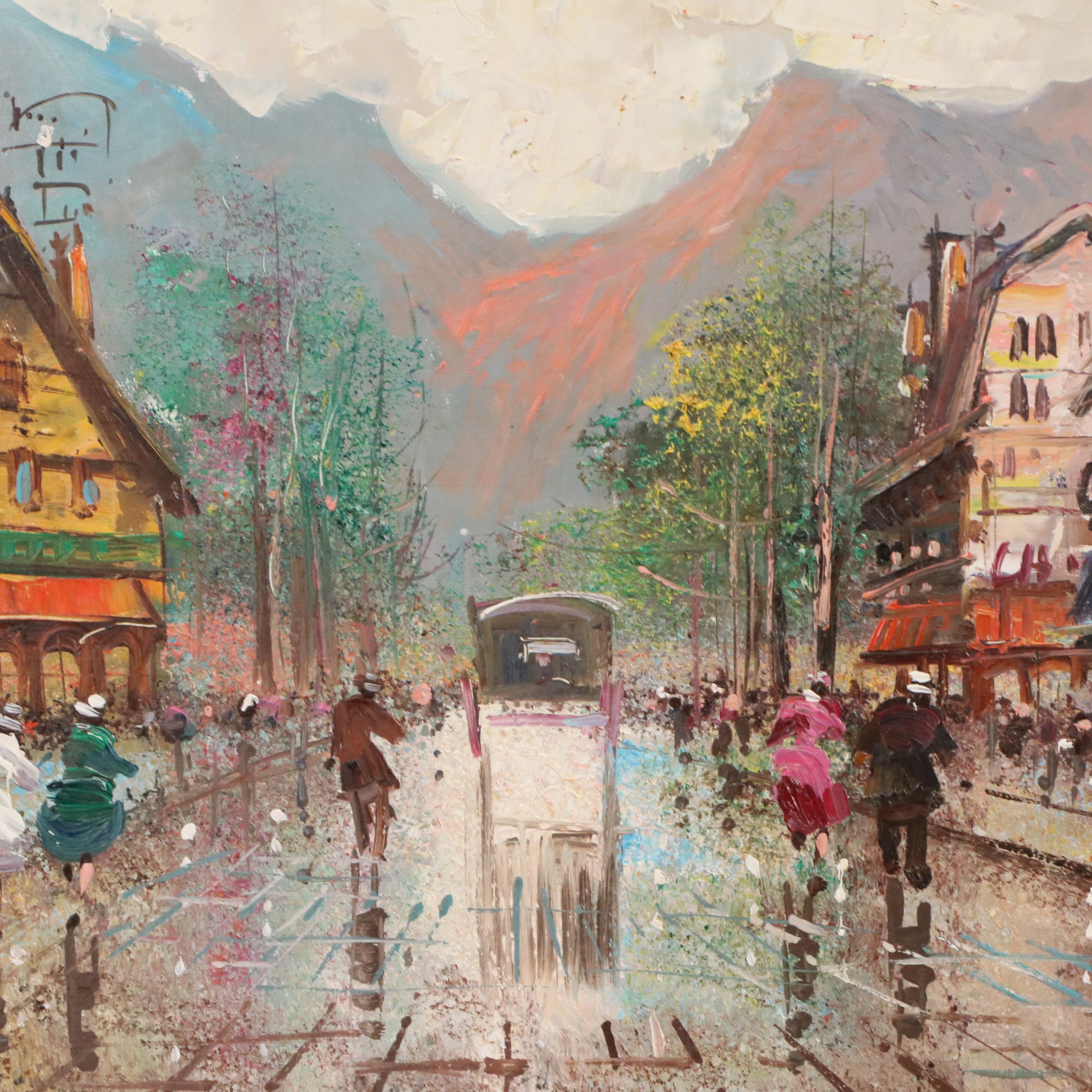Impressionistic Oil Painting of European Village Street, Mid to Late 20th C.
