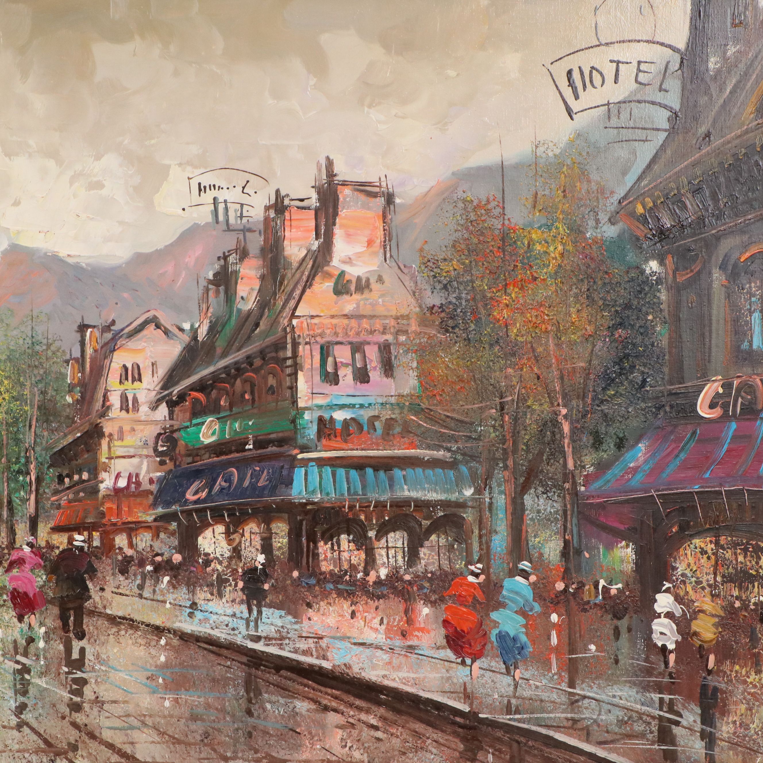 Impressionistic Oil Painting of European Village Street, Mid to Late 20th C.