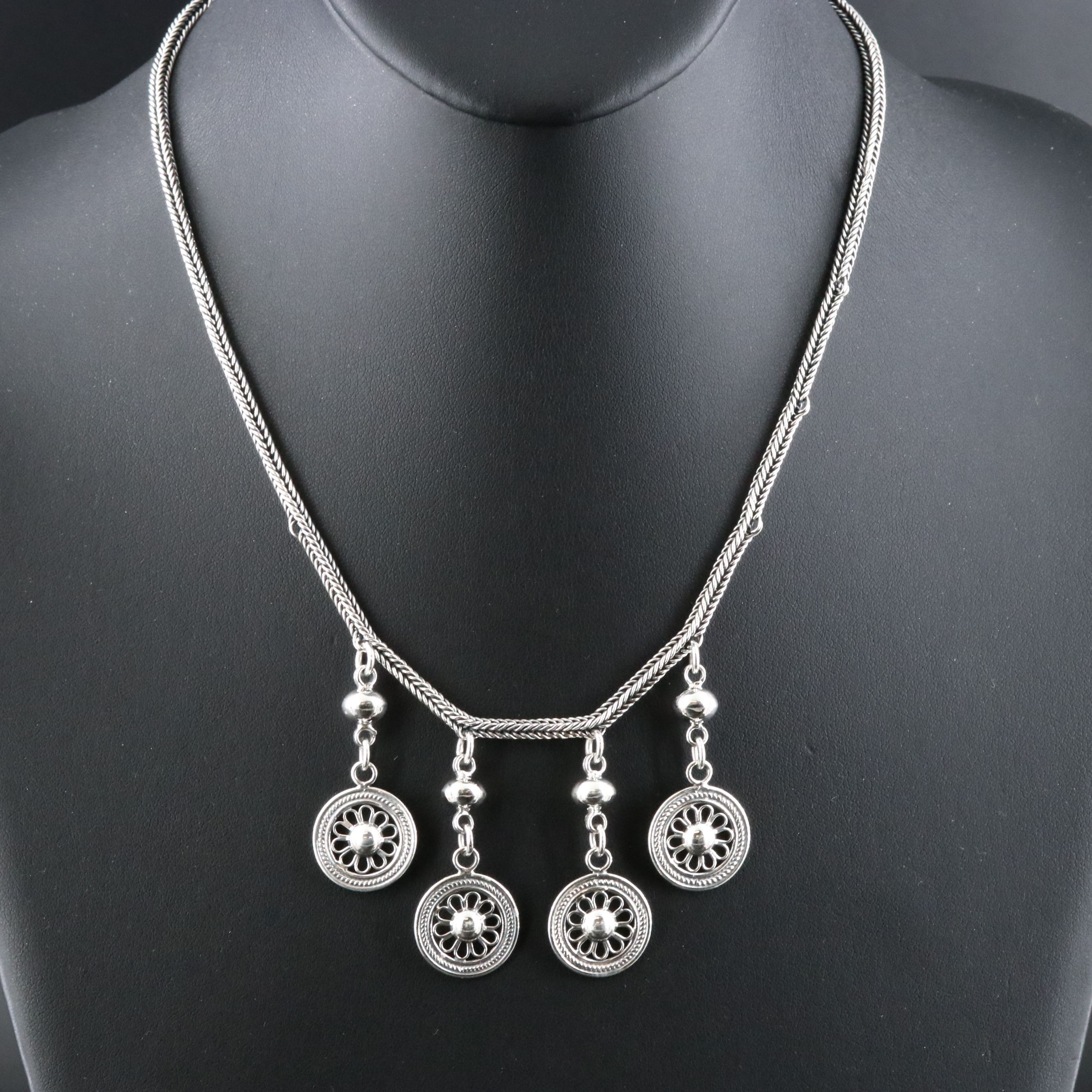 Sterling Foxtail Chain and Medallion Fringe Necklace