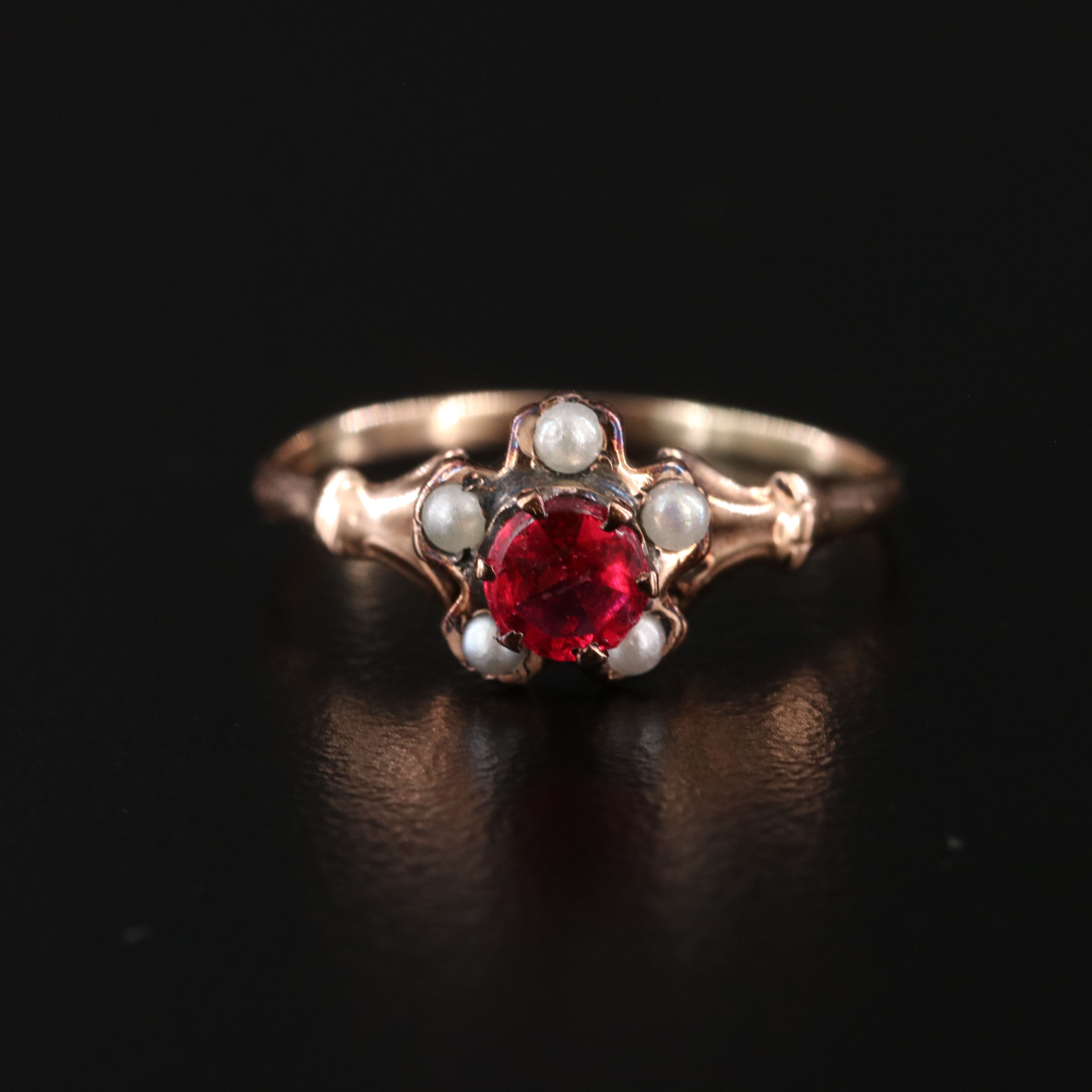 Victorian 10K Rose Gold Garnet Glass Doublet and Pearl Flower Ring