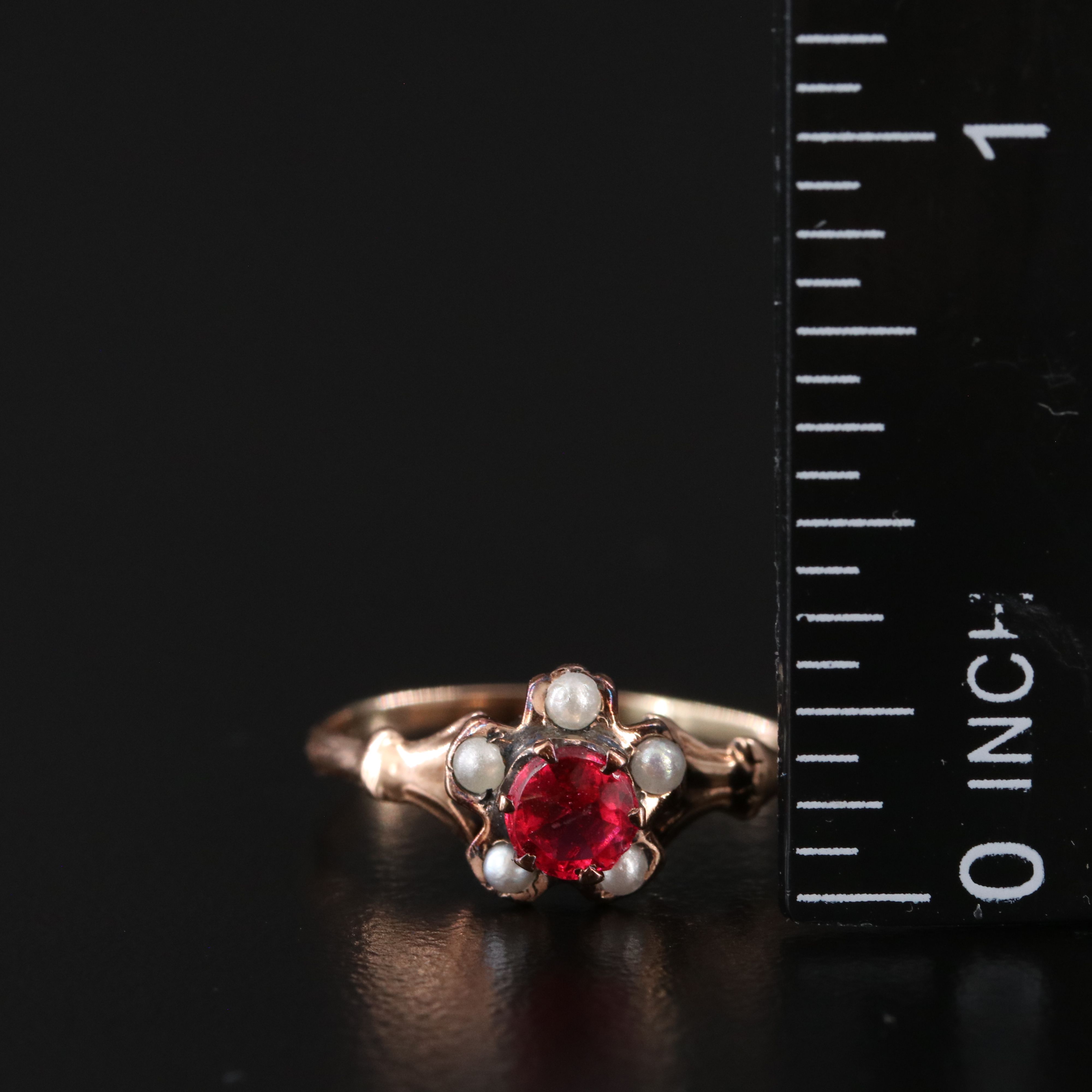 Victorian 10K Rose Gold Garnet Glass Doublet and Pearl Flower Ring