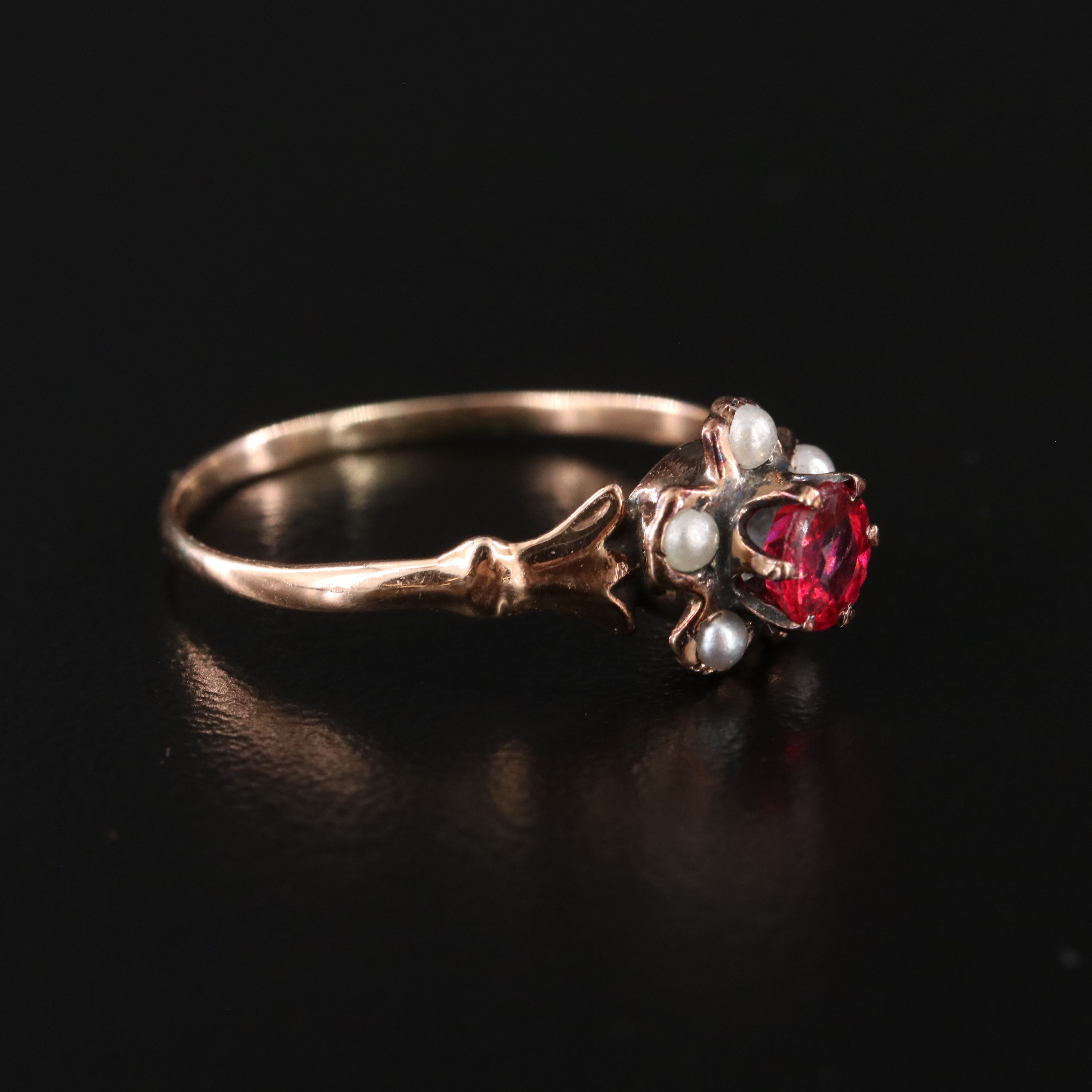 Victorian 10K Rose Gold Garnet Glass Doublet and Pearl Flower Ring