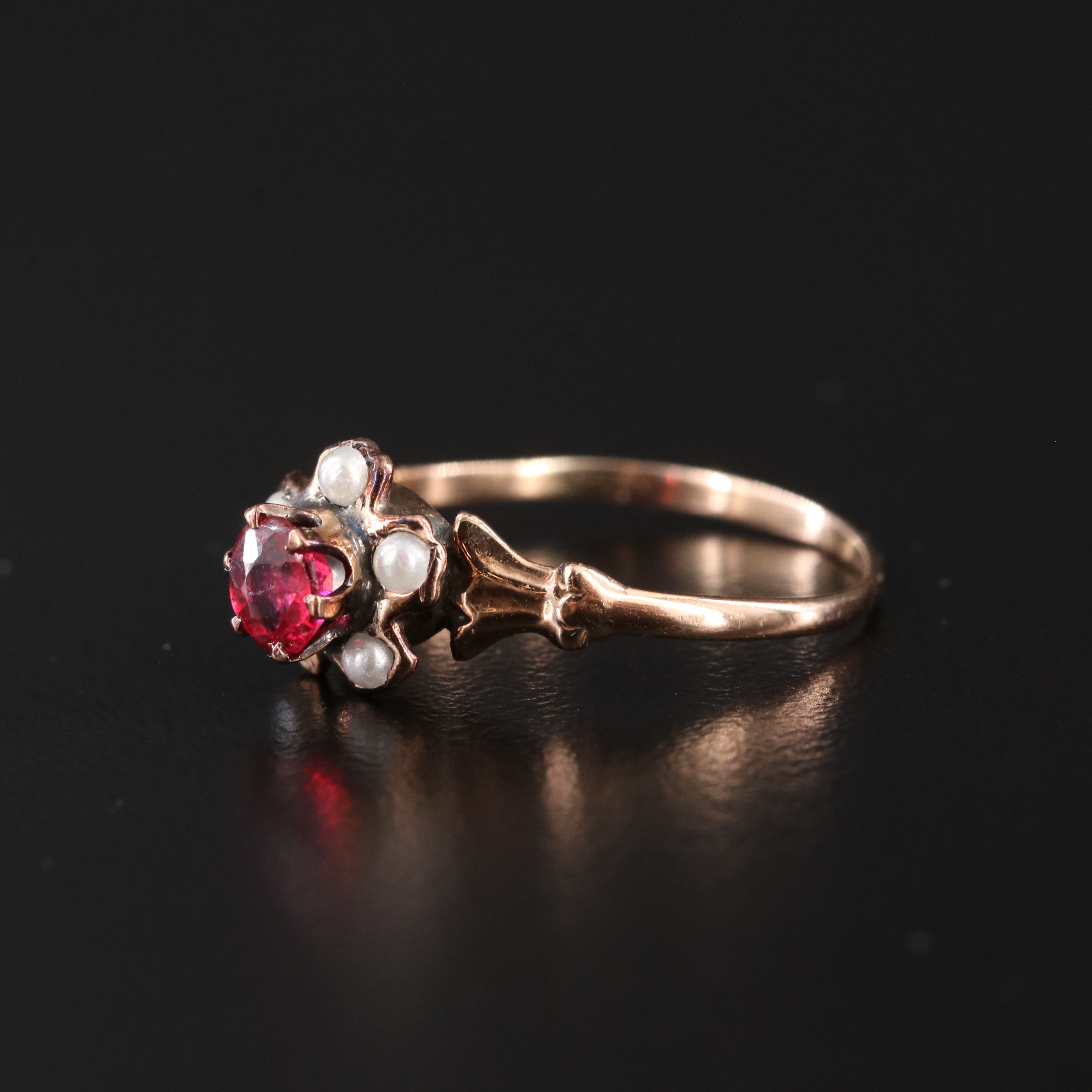 Victorian 10K Rose Gold Garnet Glass Doublet and Pearl Flower Ring