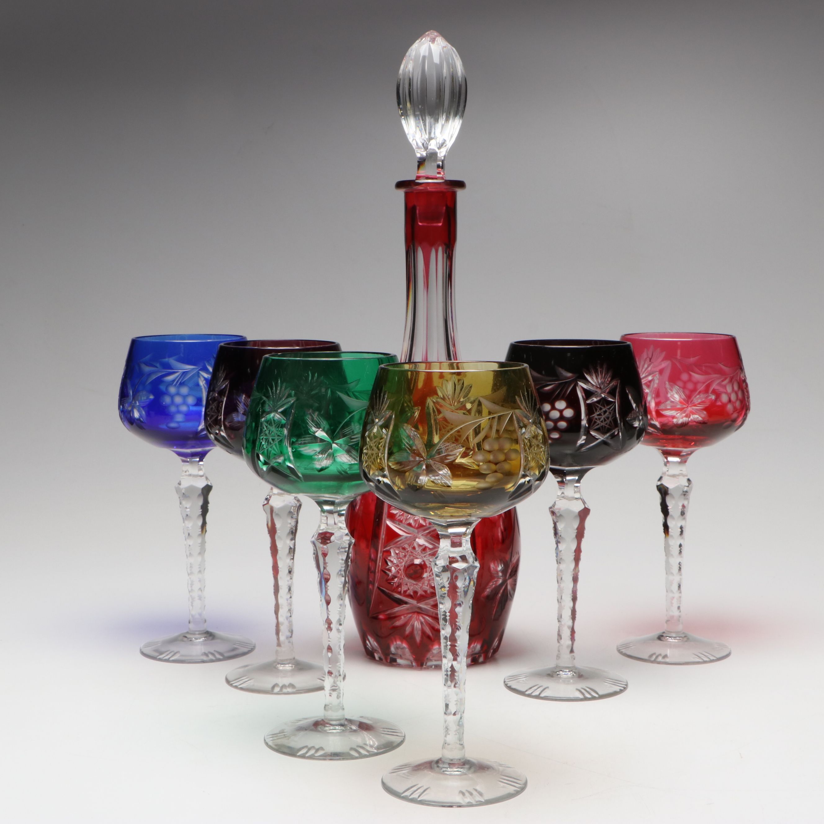 Bohemian Style Colored Crystal Decanter and Wine Glasses