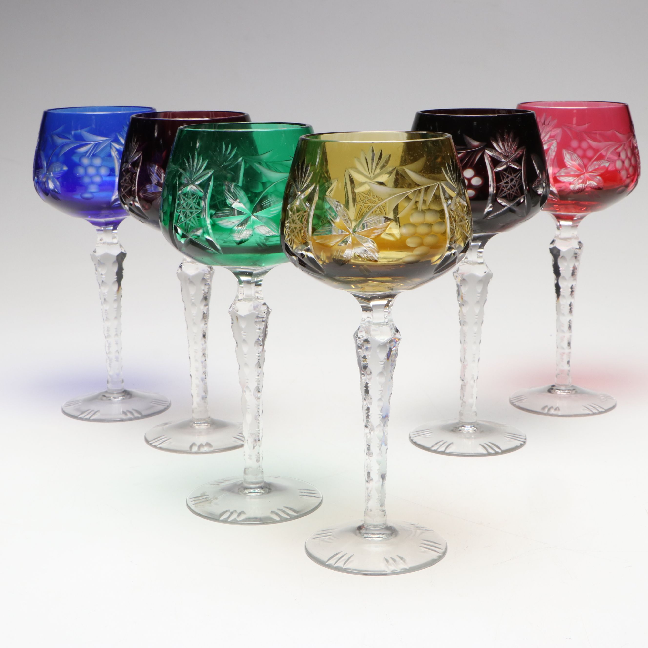 Bohemian Style Colored Crystal Decanter and Wine Glasses
