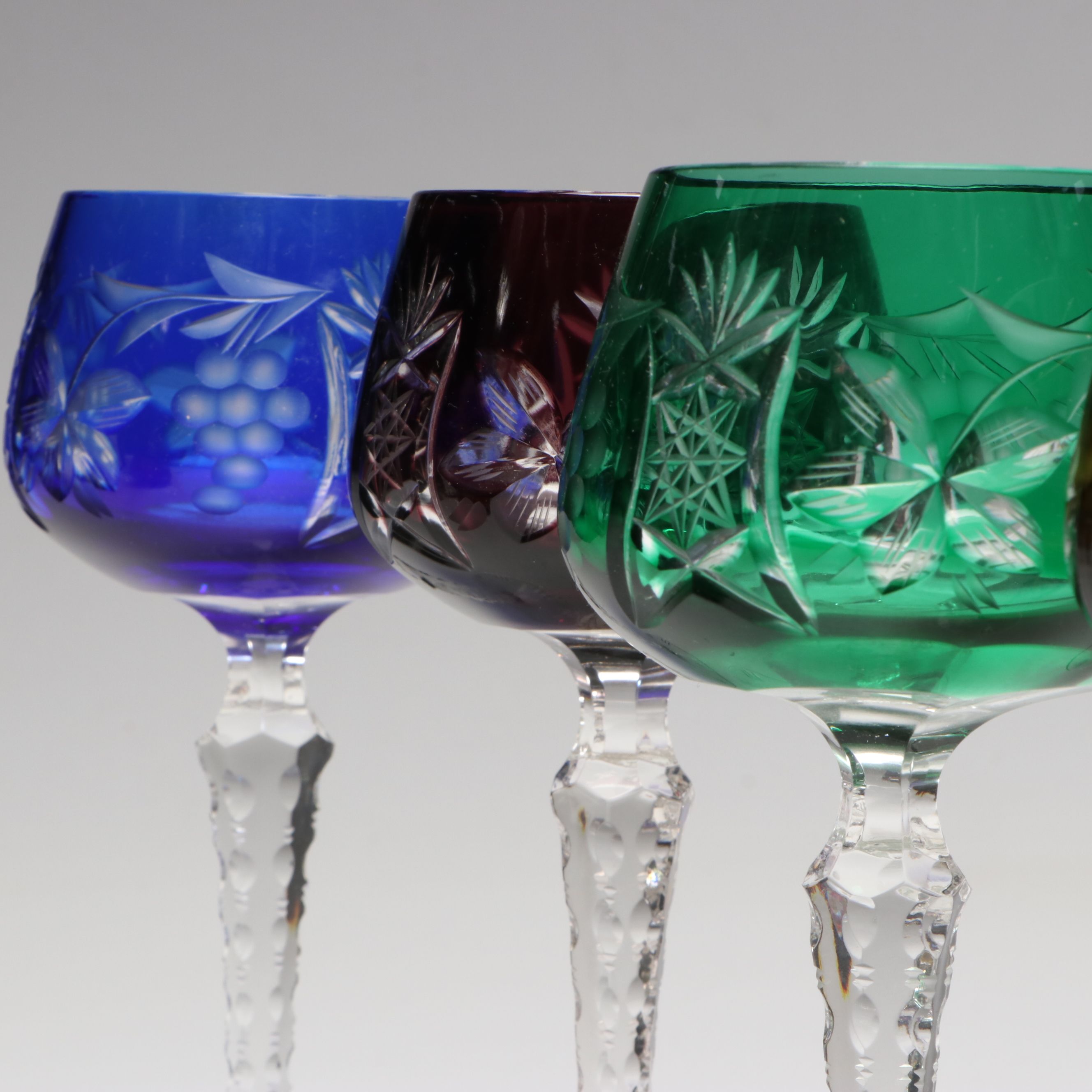 Bohemian Style Colored Crystal Decanter and Wine Glasses