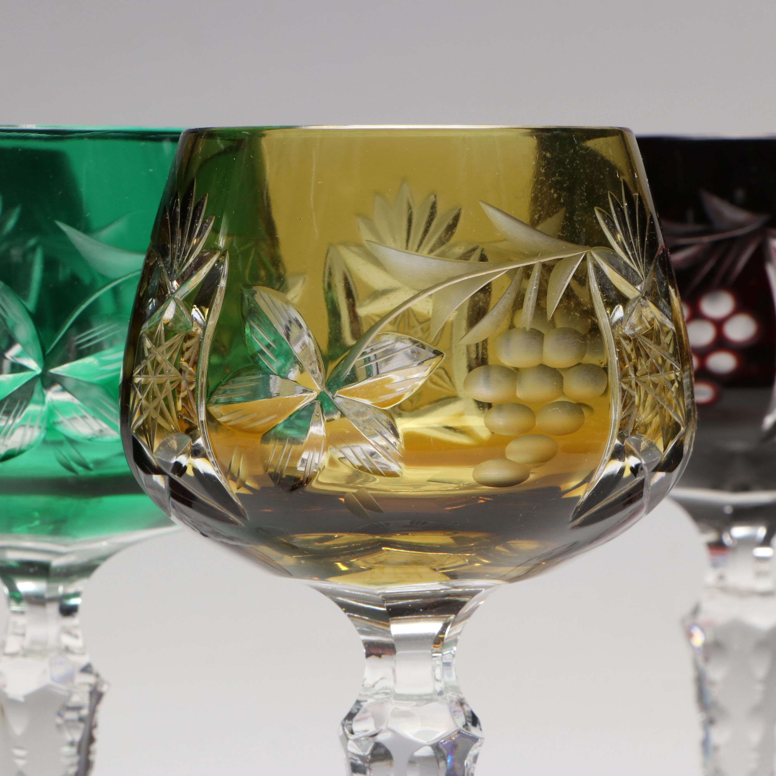 Bohemian Style Colored Crystal Decanter and Wine Glasses